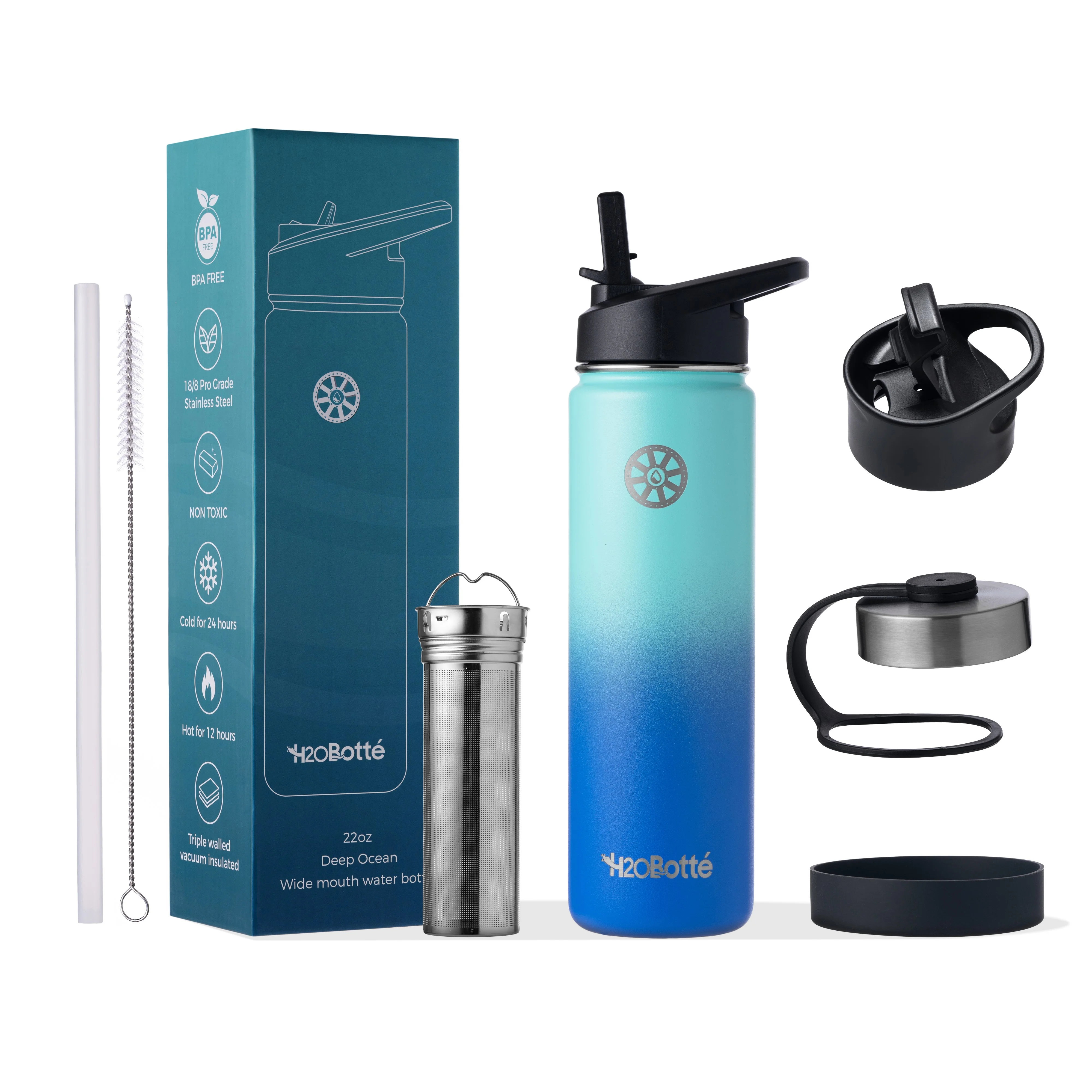 H2OBotté Stainless Steel Vacuum Insulated Water Bottle  – Triple-Walled Functional Water Bottle Design – Pro-Grade Leak Proof Stainless Steel Travel Flask – 24 Hours Cold 12 Hours  (22oz, Deep Ocean)