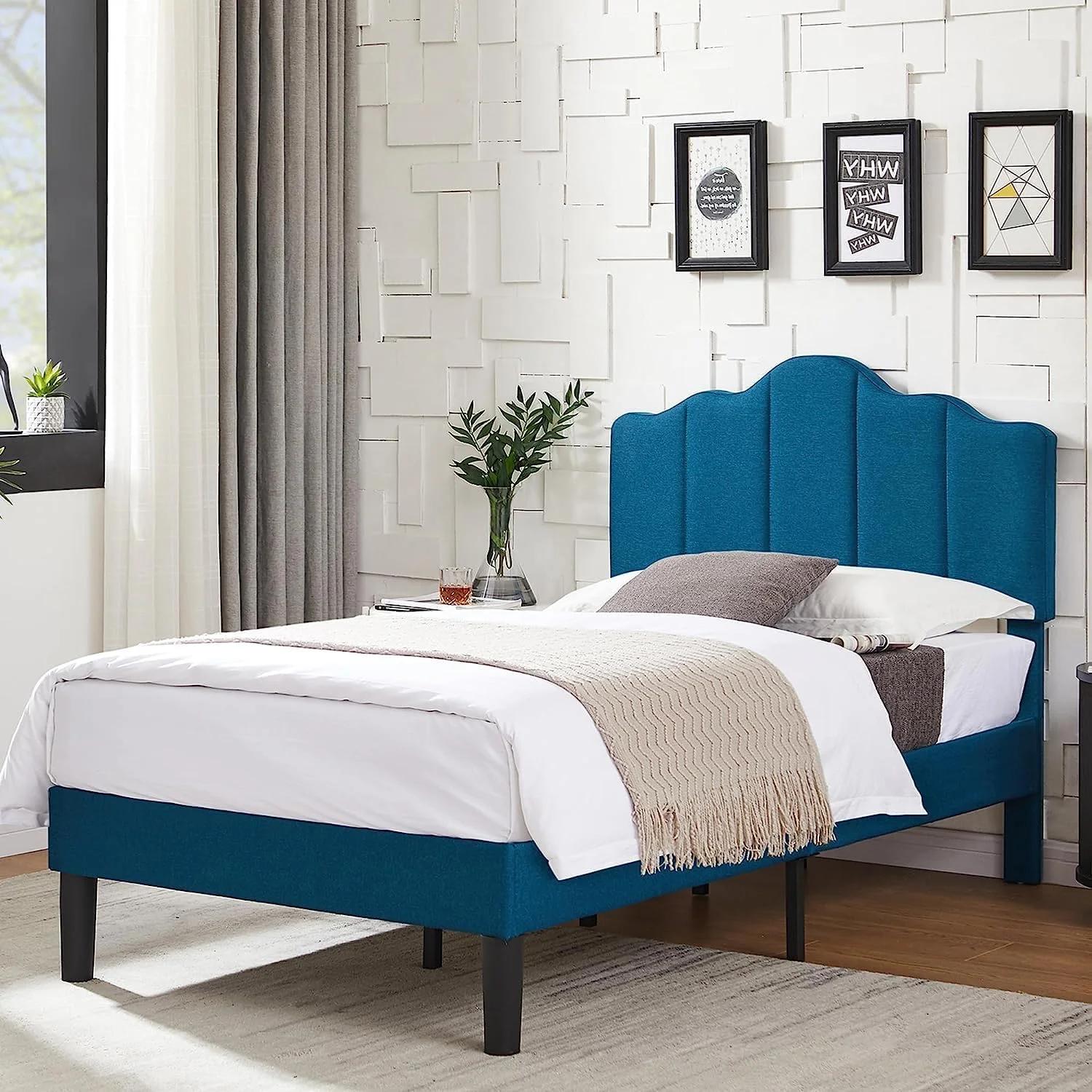 Taomika, Twin Size Modern Upholstered Platform Bed with Adjustable Headboard, Blue
