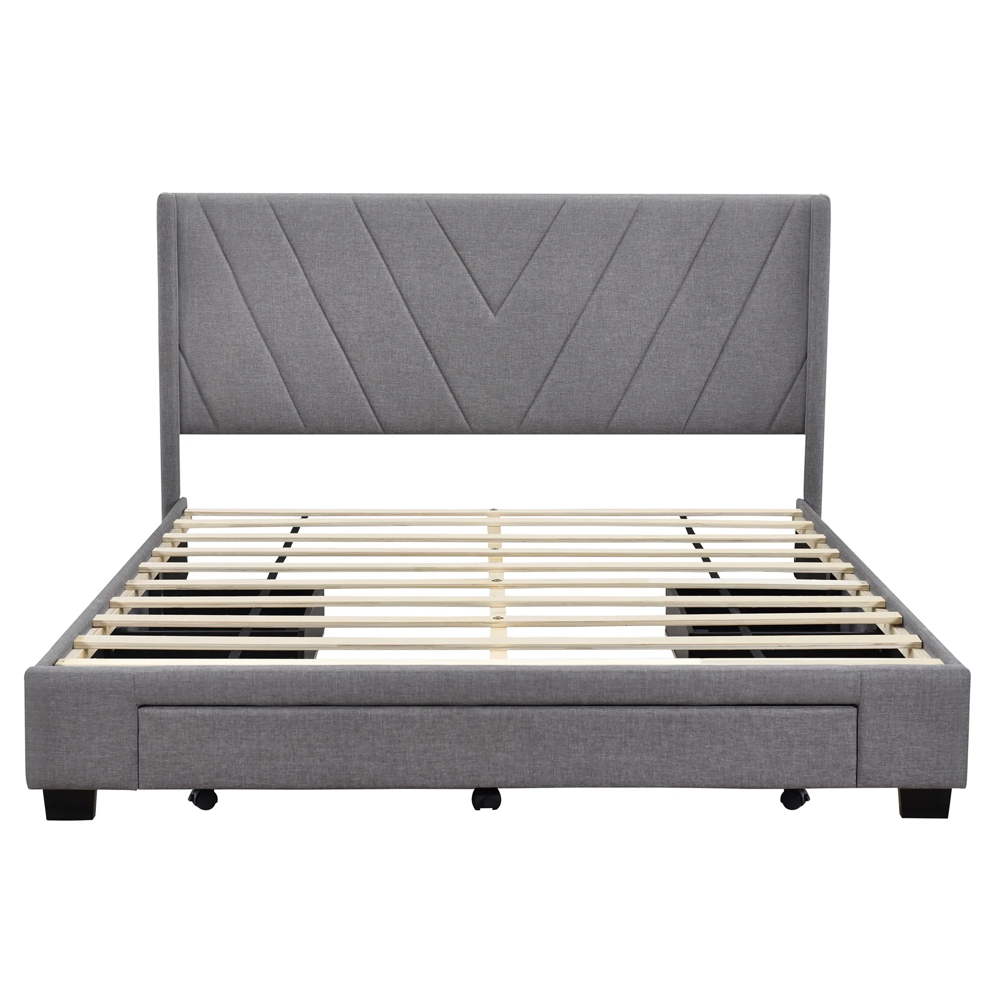 uhomepro Upholstered Platform Bed Frame, Queen Size Storage Bed Frame with Wood Slat Support, Button Tufted Linen Upholstered Headboard, Big Drawer, No Box Spring Required, Gray