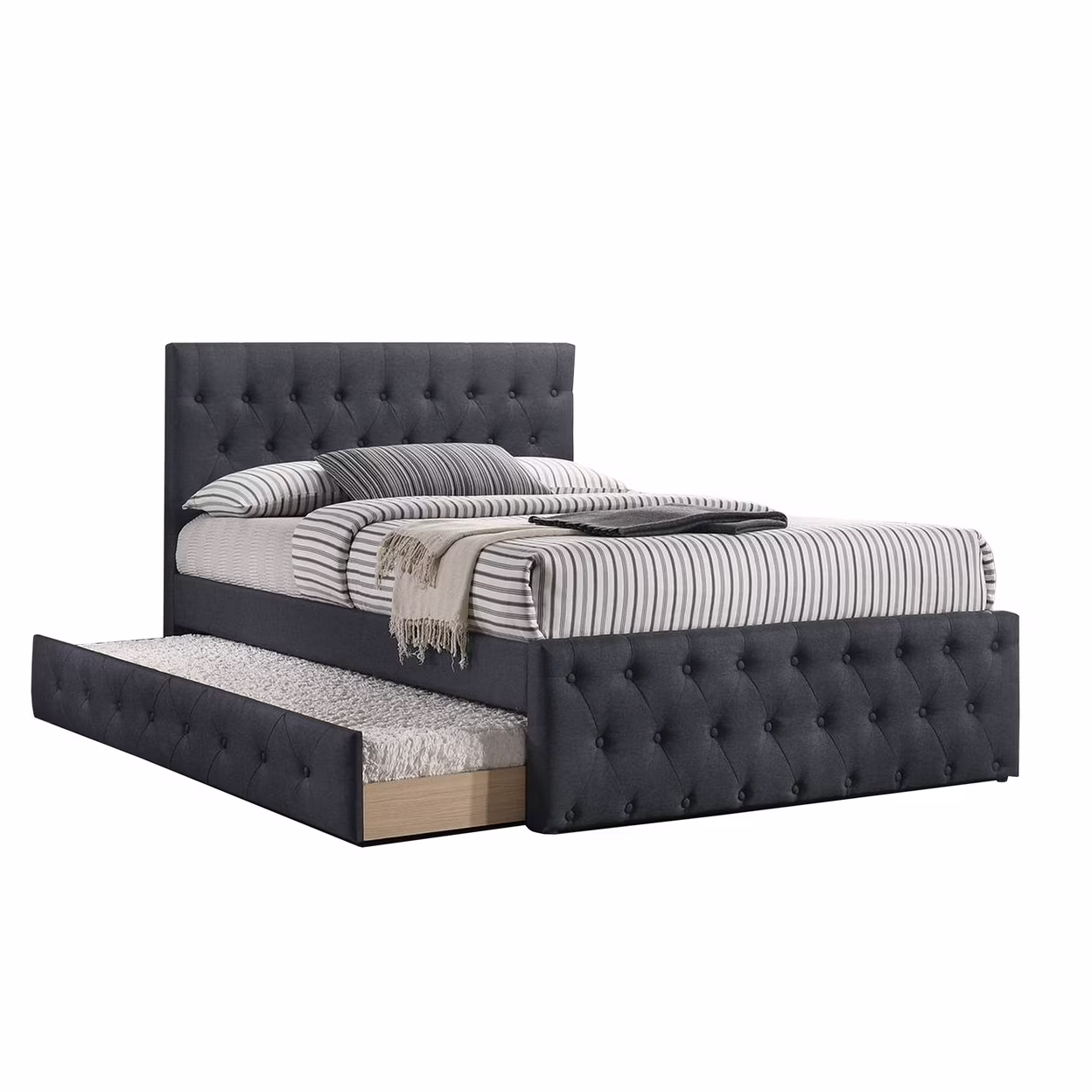 Nek Wood Twin Size Upholstered Bed with Trundle Tufted Charcoal Burlap- Saltoro Sherpi