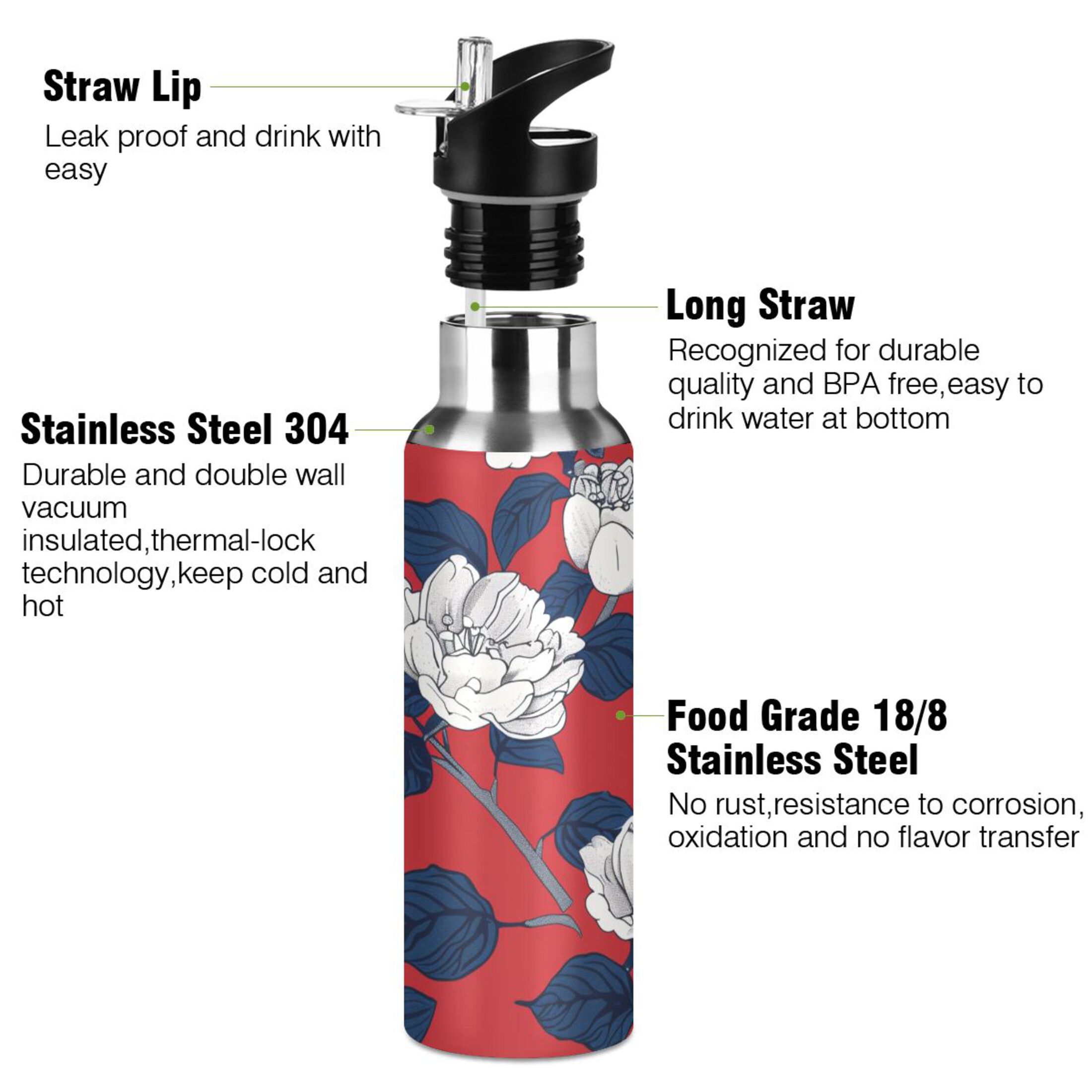 Abstract Peony Flowers Water Bottles Insulated Thermos Kids Stainless Steel Bottle with Straw Lid Flask Leakproof for Sports Gym 20 oz