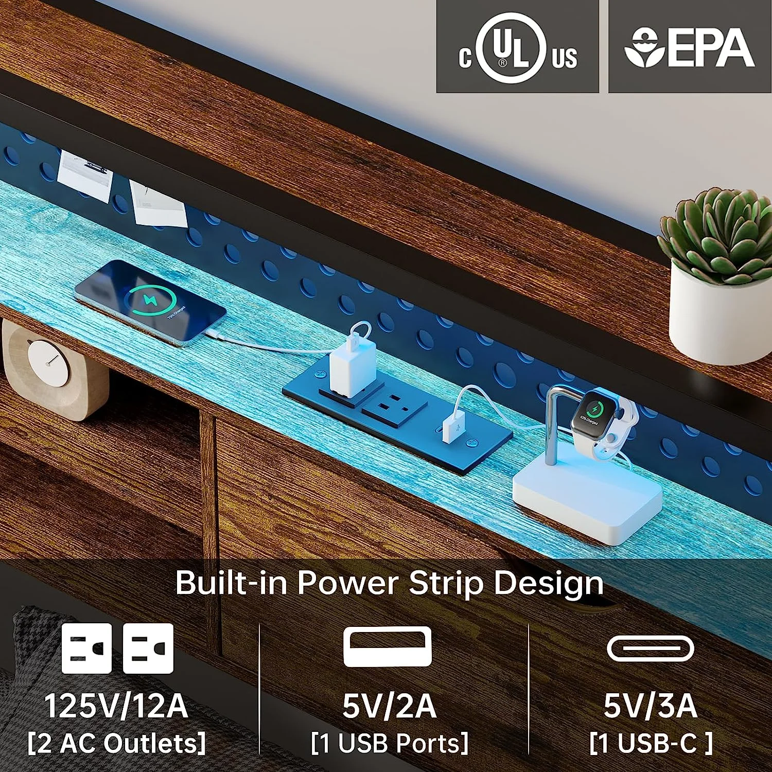 Queen Size LED Bed Frame with Type-C&USB Charging Station,Metal Platform Bed Frame with LED Lights Headboard,No Box Spring Needed,Rustic Brown