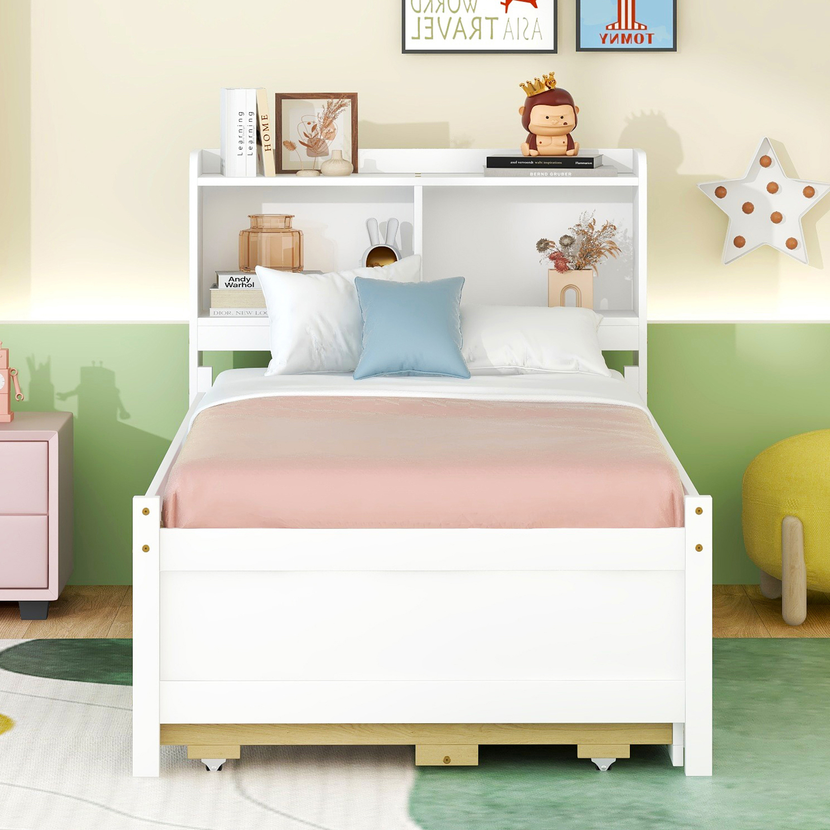 Twin Size Bed with built-in USB ,Type-C Ports, LED light, Bookcase Headboard, Trundle and 3 Storage Drawers, Twin Size Bed with Bookcase Headboard, Trundle and Storage drawers ,White