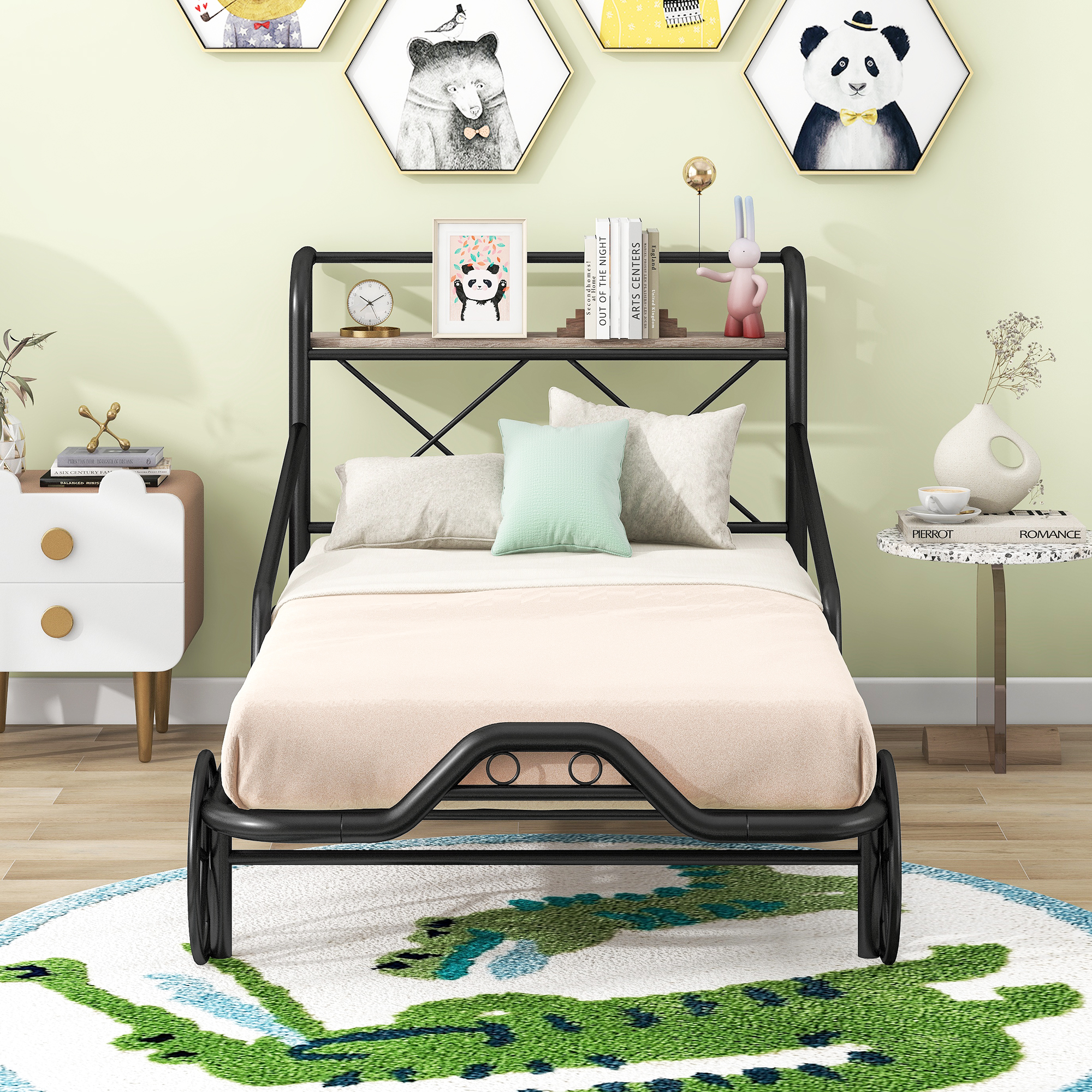 Nestfair Black Twin Size Metal Car Bed with Shelf and 4 Wheels