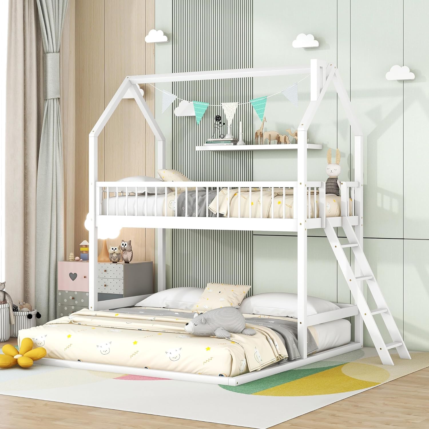 Over House Bunk Bed With Extending Trundle And Ladder, Wooden Bunk Bed Frame For Kids Teens Girls Boys - White
