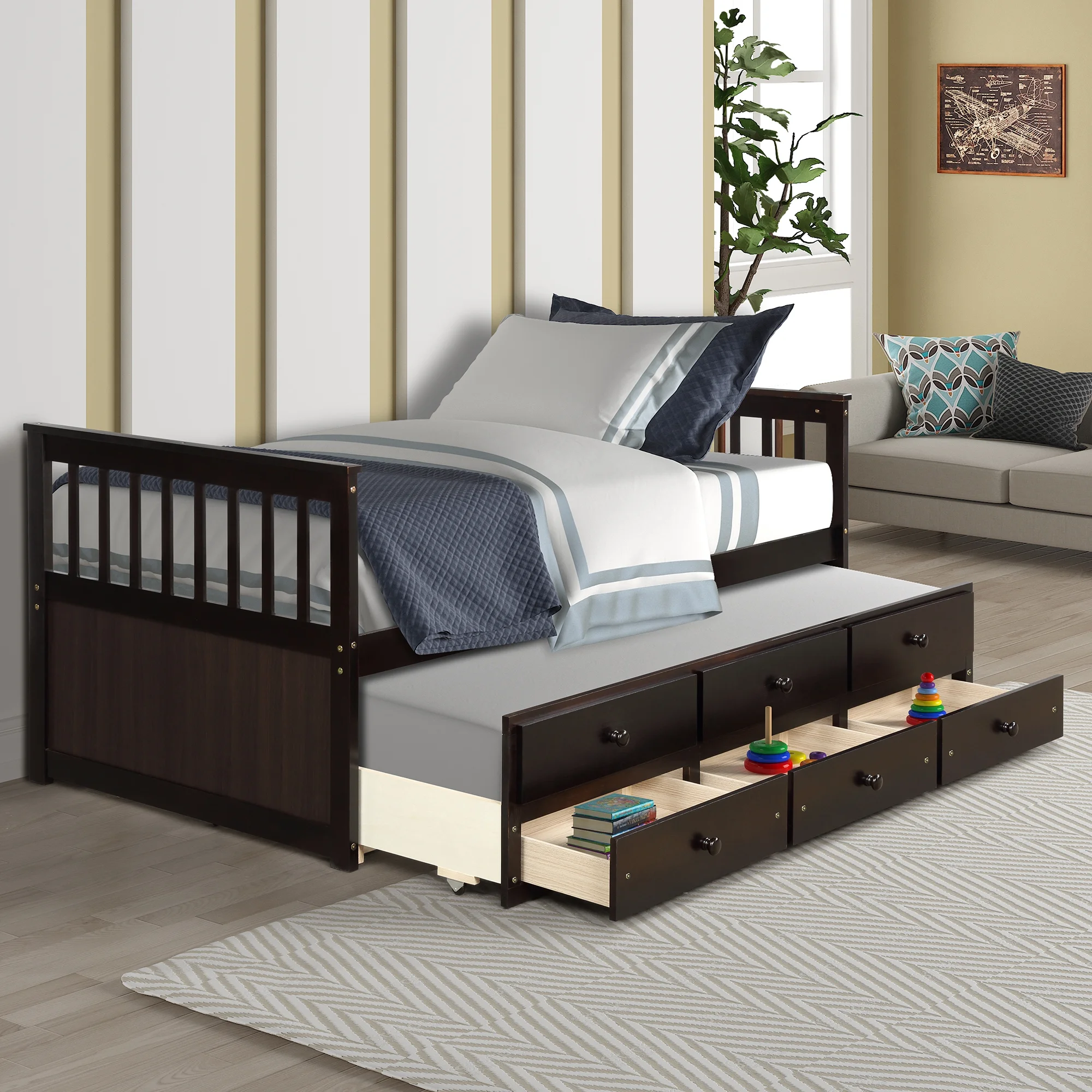 Dawn Whisper Captain's Bed Twin Daybed with Trundle Bed and Storage Drawers, Espresso