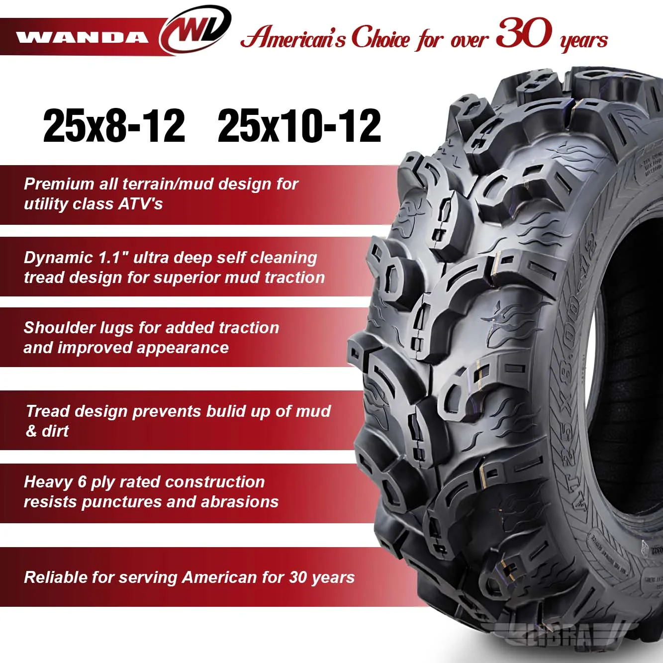 (4) WANDA 25X8X12 25X10X12 fit 05-13 Yamaha RHINO 450 660 700 ATV Tire Set Super Mud