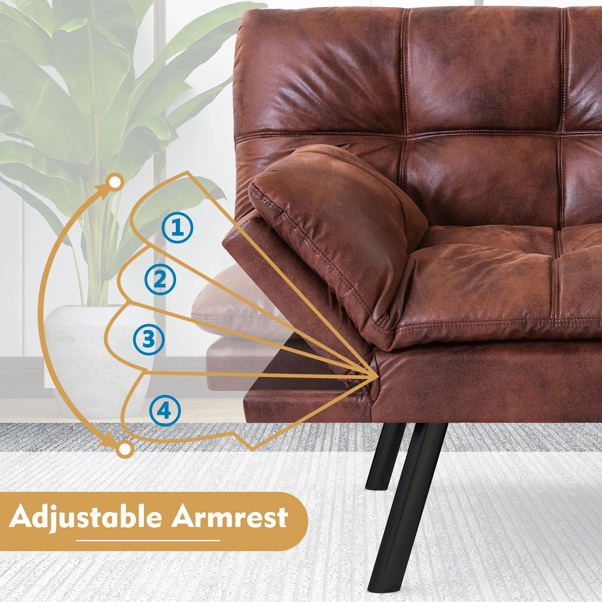 Airdown Sofa, with Armrests And Metal Legs, Convertible Futon Sofa Bed, Brown