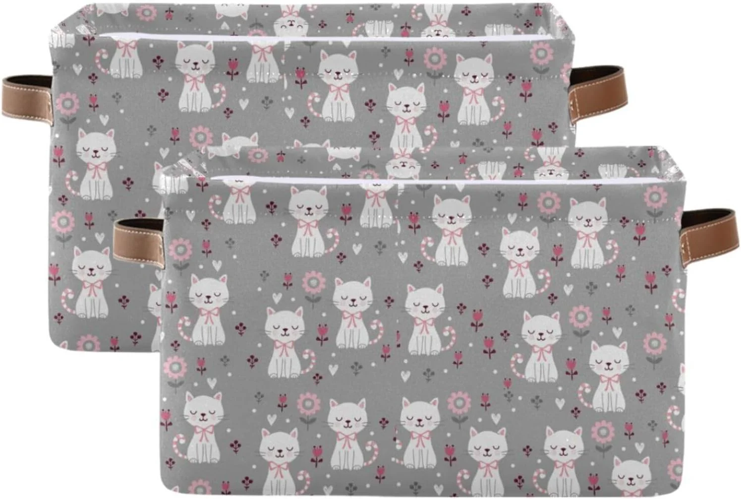 Hotbar 1 Pack Fabric Storage Basket Cute Cat Flower Closet Storage Bins with Handles Foldable Baskets for Shelves Toy Organizer Home Office