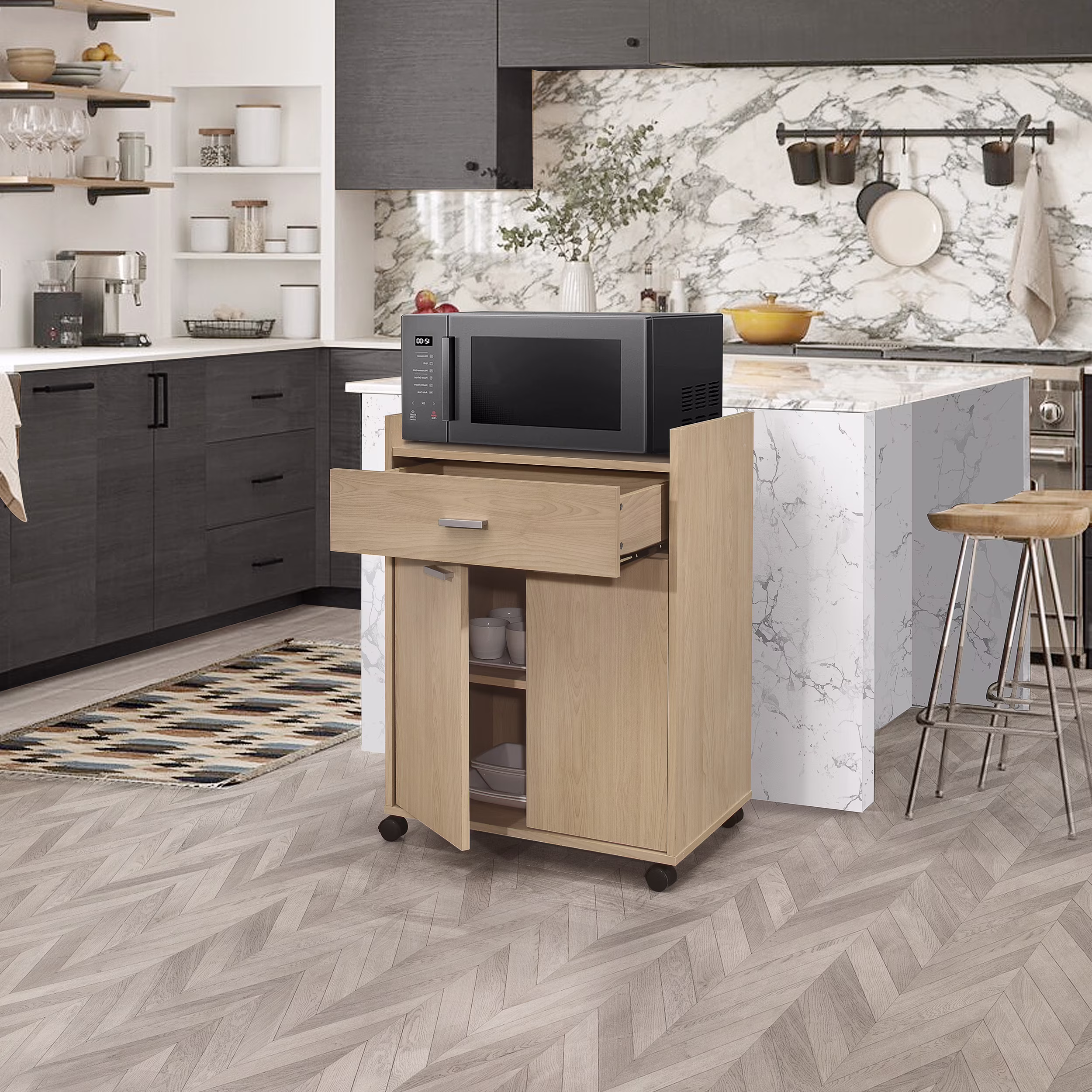 Kings Brand Furniture - Microwave Kitchen Cart with One Drawer, Two Doors, and Shelf for Storage – Beech