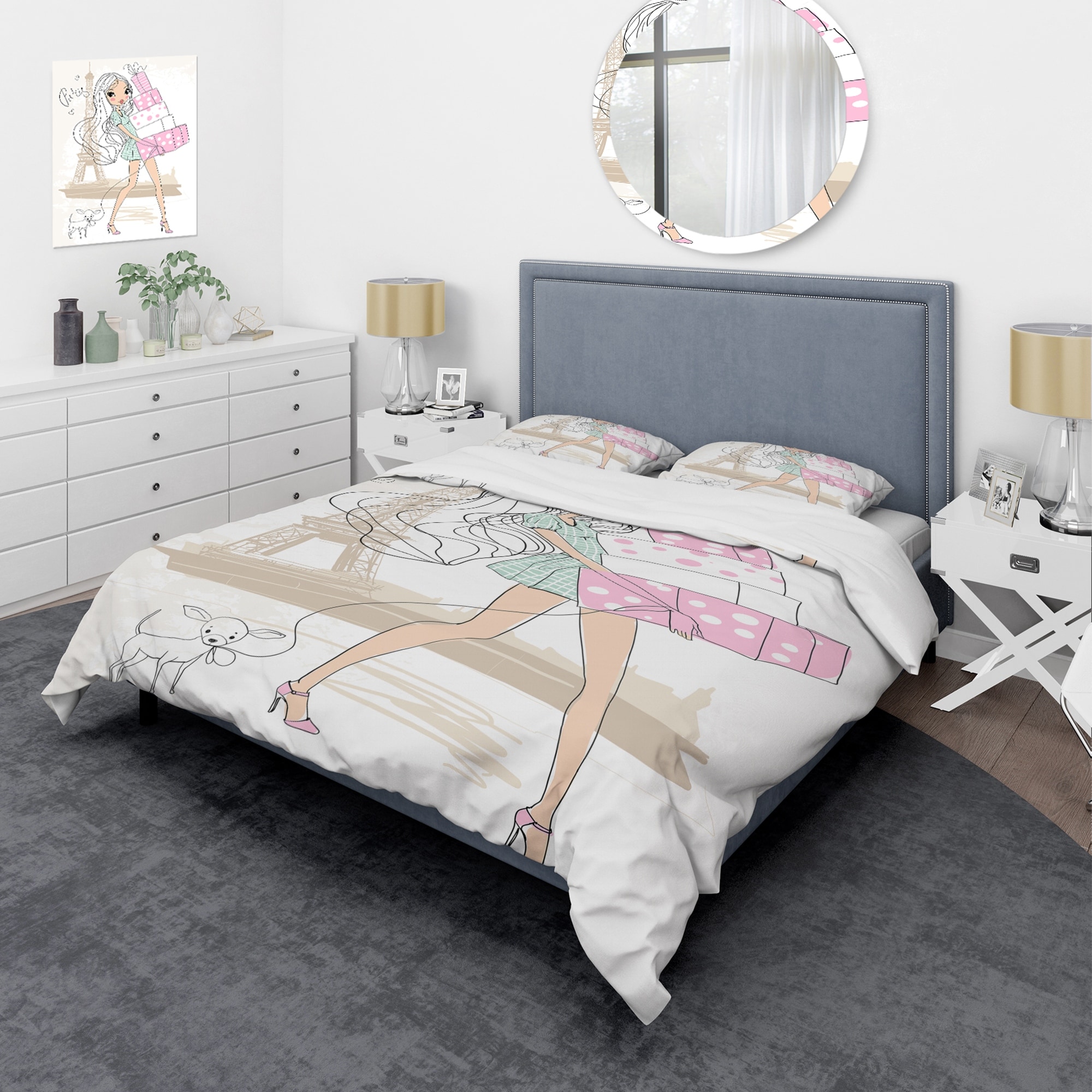 DESIGN ART Designart 'Young Girl With Shopping Boxes In Paris' Shabby Chic Duvet Cover Comforter Set King Cover + Comforter + 2 King Shams 4 Piece