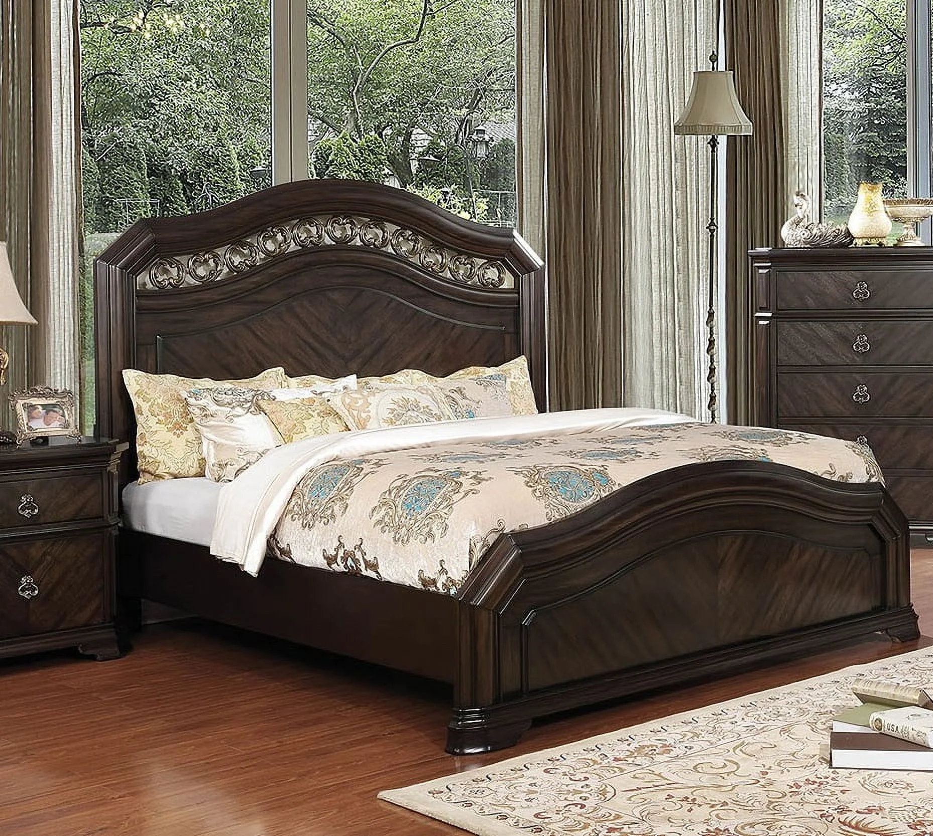 Bedroom Furniture Rich Espresso Finish Camel Back Design Queen Size Bed 4pc Set Dresser Mirror Nightstand Classic Intricate Wooden HB FB