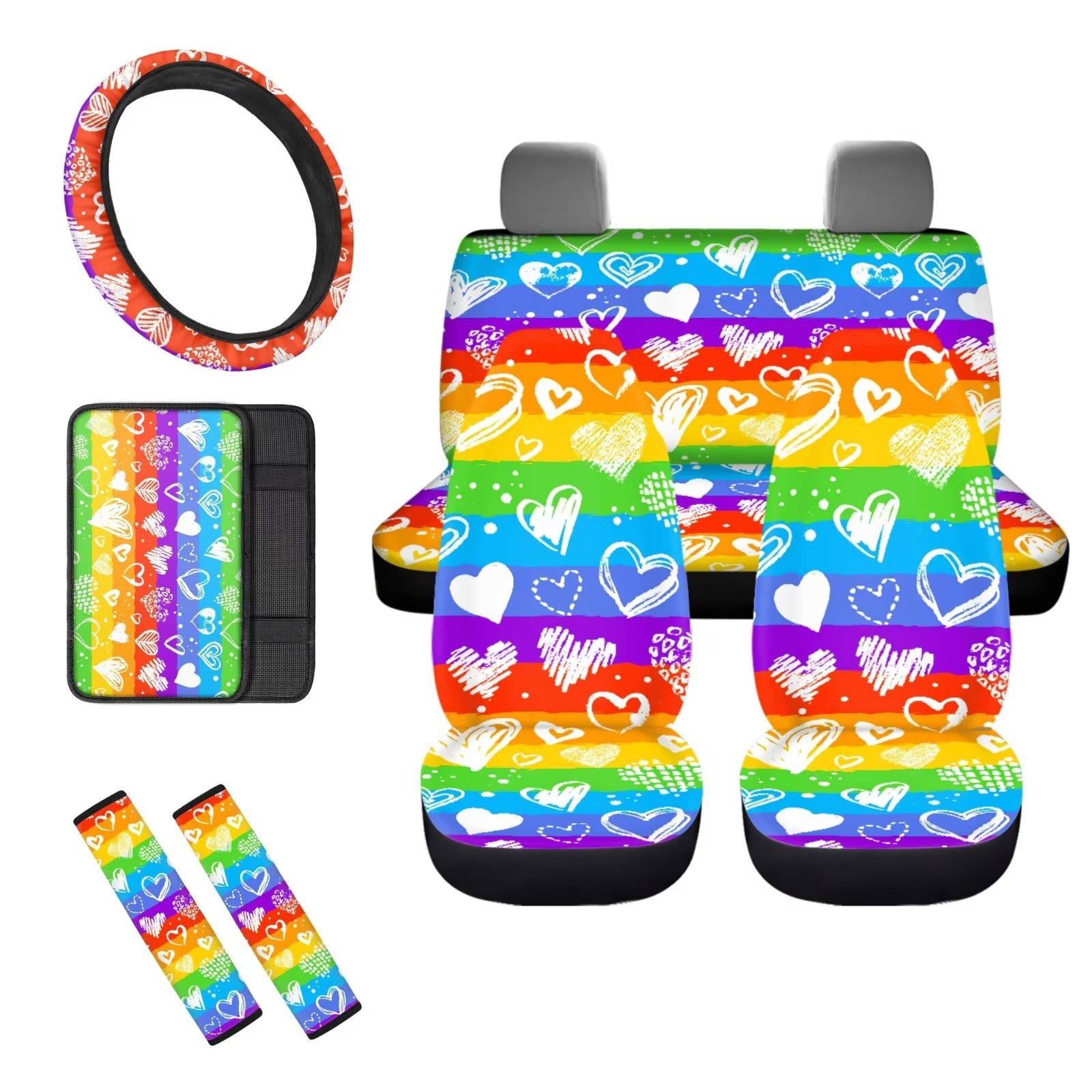 Binienty Rainbow Stripe Car Seat Cover Set with 1 Love Heart Steering Wheel Cover,4 SUV Truck Front Back Cushion Mat,2 Auto Shoulder Seatbelt Cover,1 Interior Accessories Armrest Pad