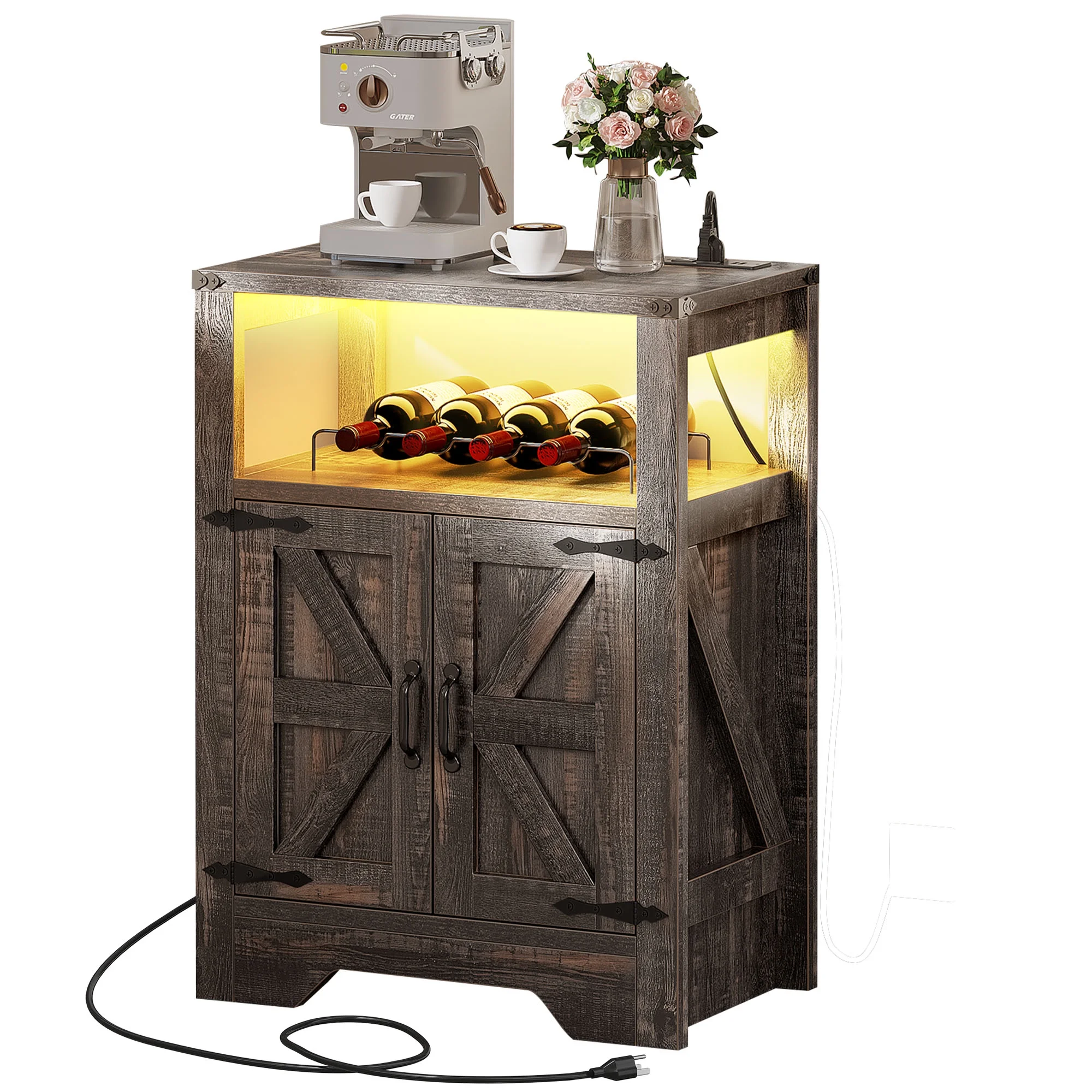 Dextrus Bar Cabinet With Power Outlet and Led Lights,Barn Door, 31.5