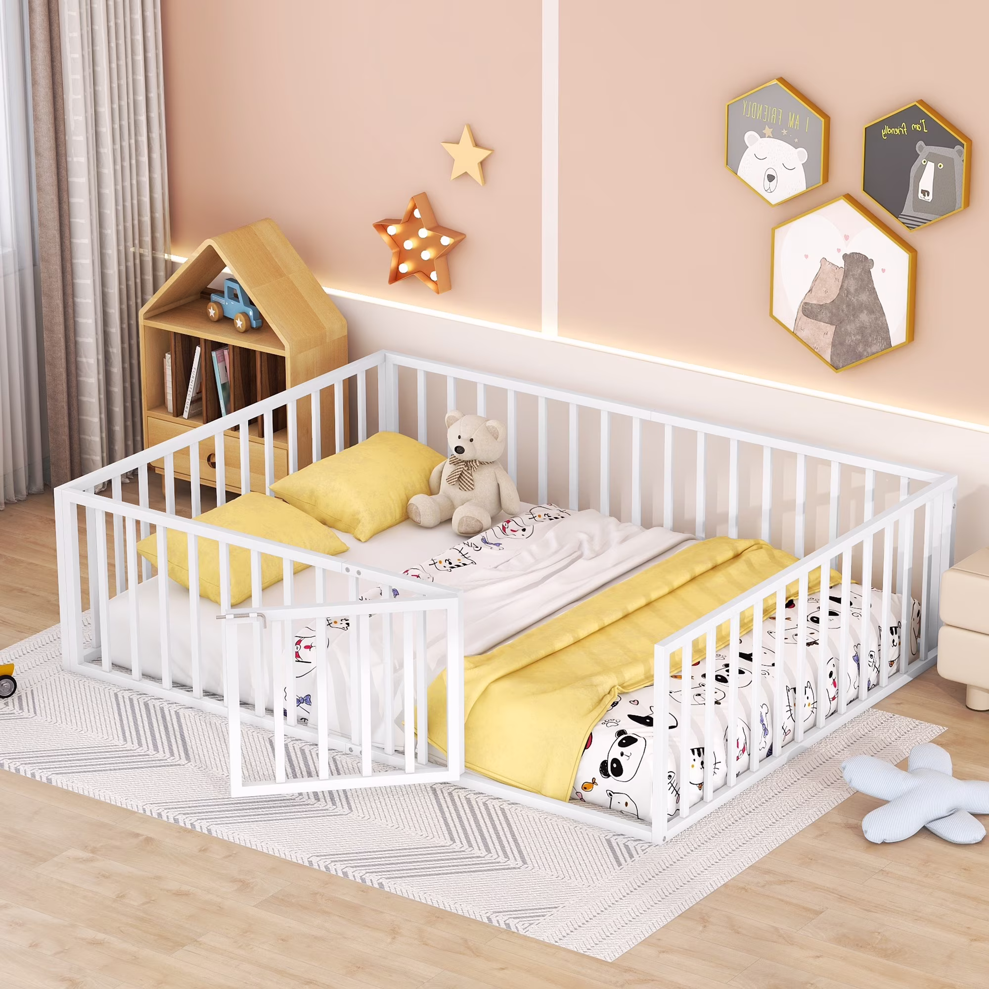 Queen Size Metal Floor Bed Frame with Fence and Door for Kids Child