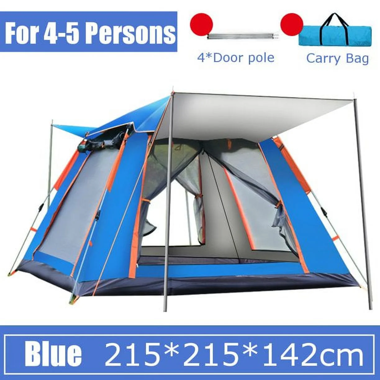 camping tent-One-touch tent with front room UV-proof, wind-proof and waterproof With mosquito cloth, pegs, rope and carrying bag-blue