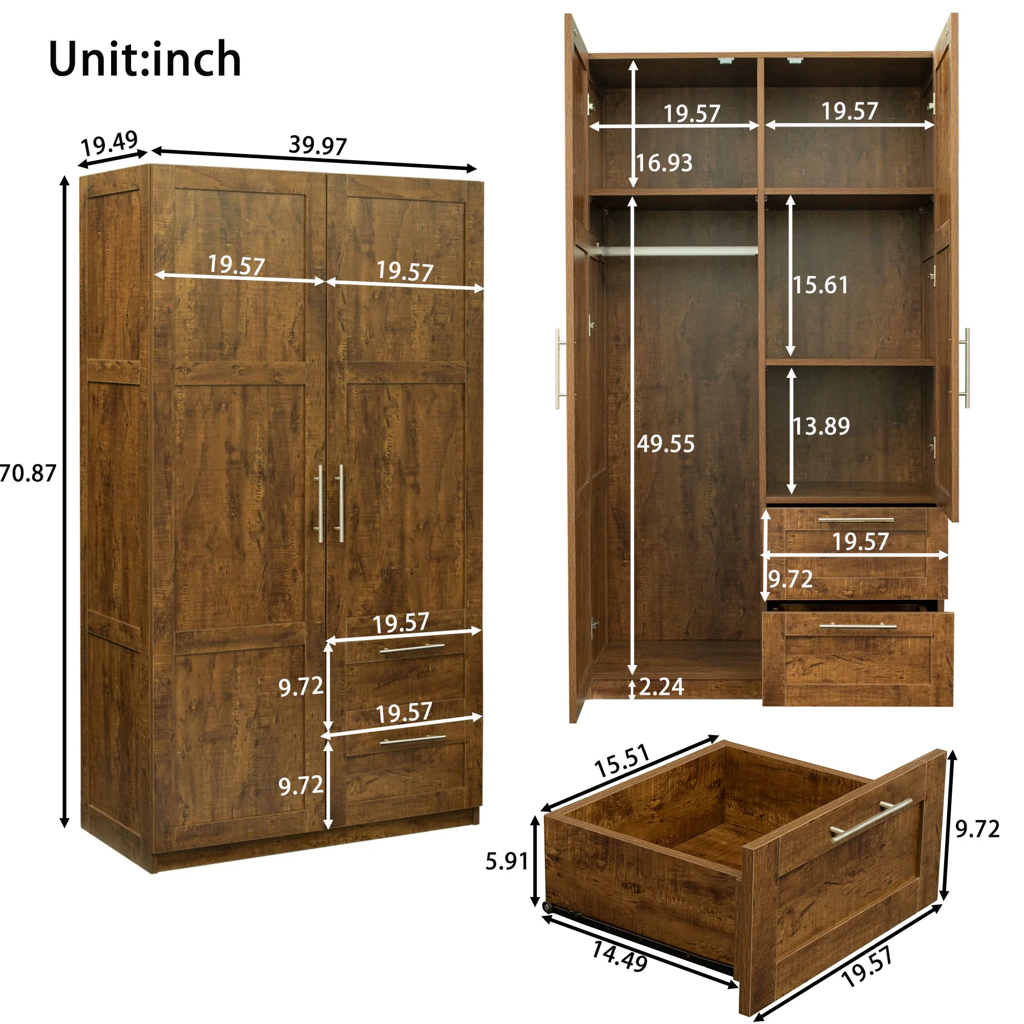 HIUU Double Wardrobe Cabinets,Wood Armoire with Drawers and Shelves for Living Room,Wood Armoire Wardrobe with Hanging Rod,Retro Brown