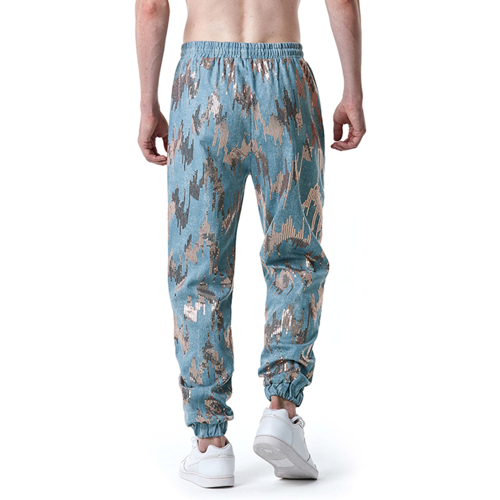 Mens Loose Sequins Leggings Youth Fashion Casual Dance Party Leggings Pants Sweatpants Blue M