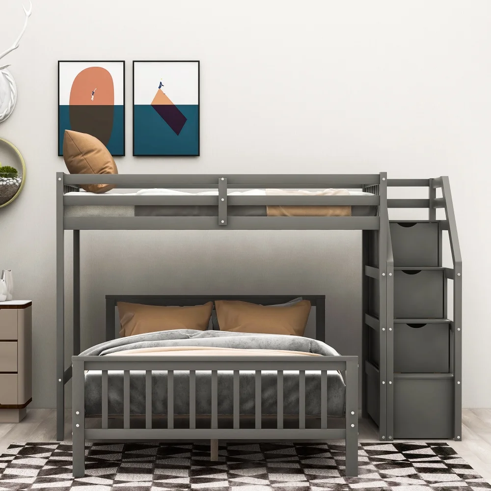 Cosymart Twin over Full Loft Bed with Staircase,Gray(OLD SKU:SM000107AAE)