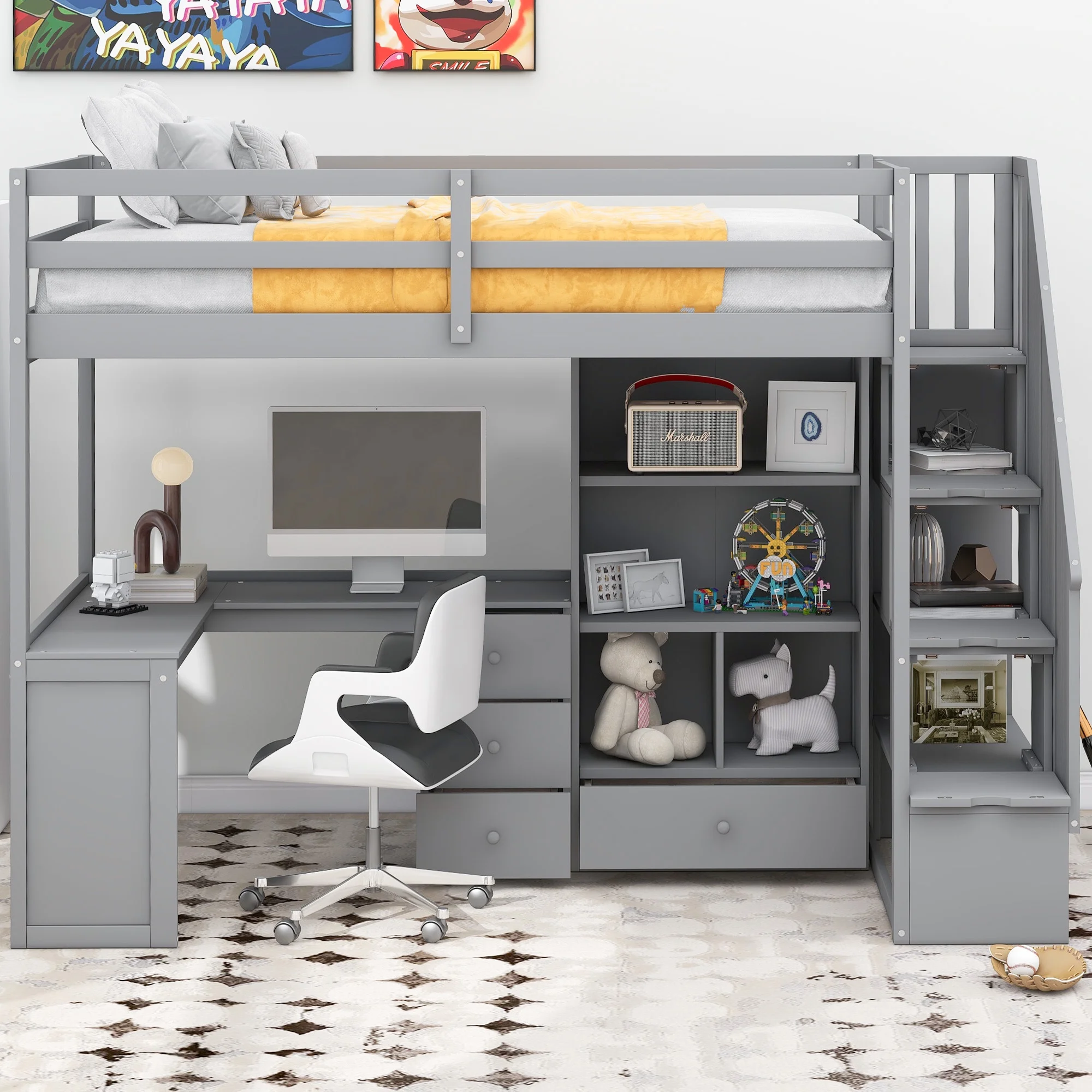 CoSoTower Twin Size Loft Bed with L-Shaped Desk and Drawers, Cabinet and Storage Staircase, Gray