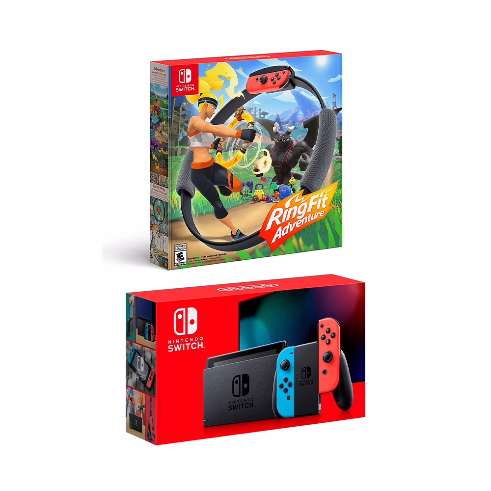 New Nintendo Switch Neon Red/Blue Joy-Con Console Bundle with Ring Fit Adventure Set