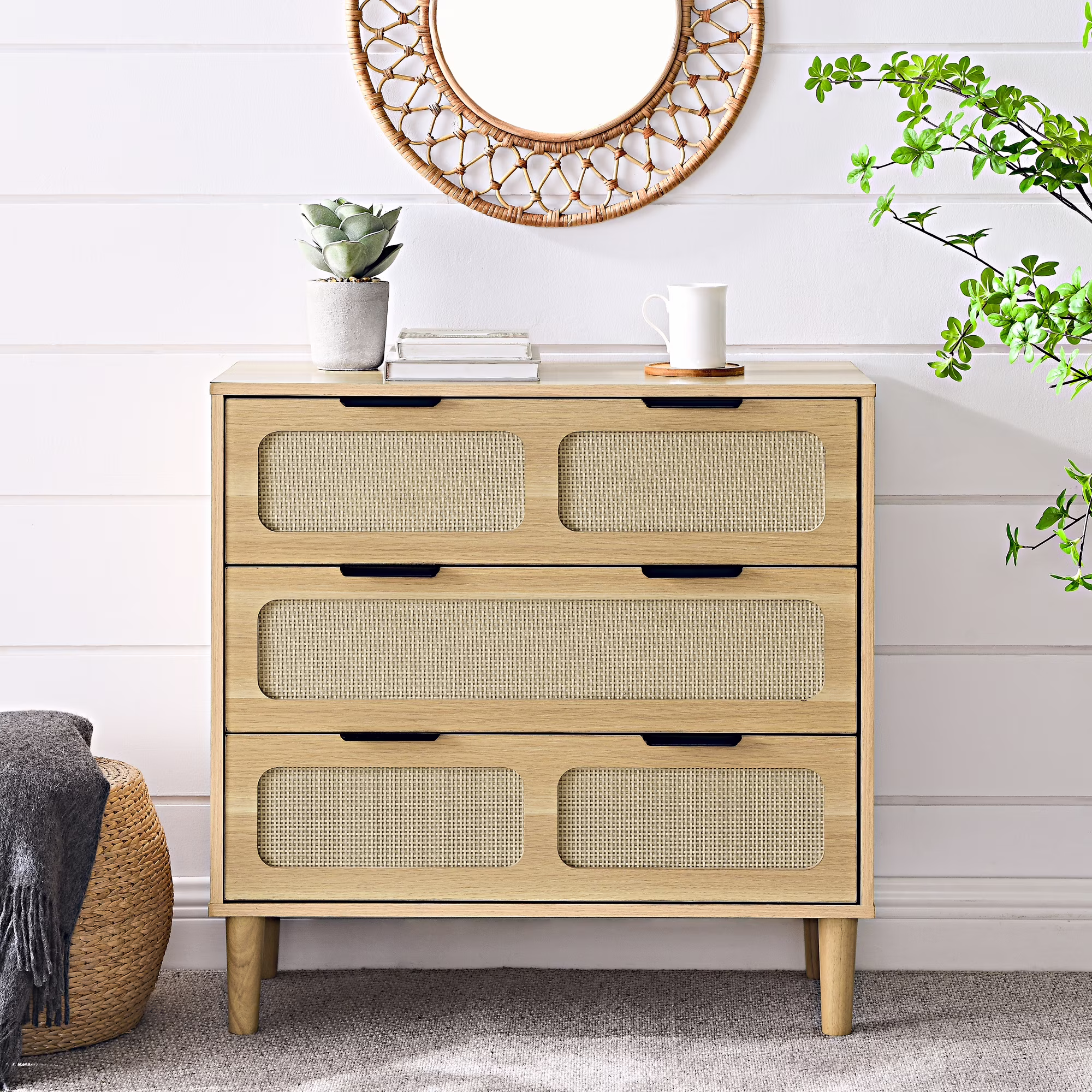 3 drawer dresser, modern rattan dresser cabinet with wide drawers and metal handles, farmhouse wood storage drawer chest for bedroom, living room, hallway, entrance