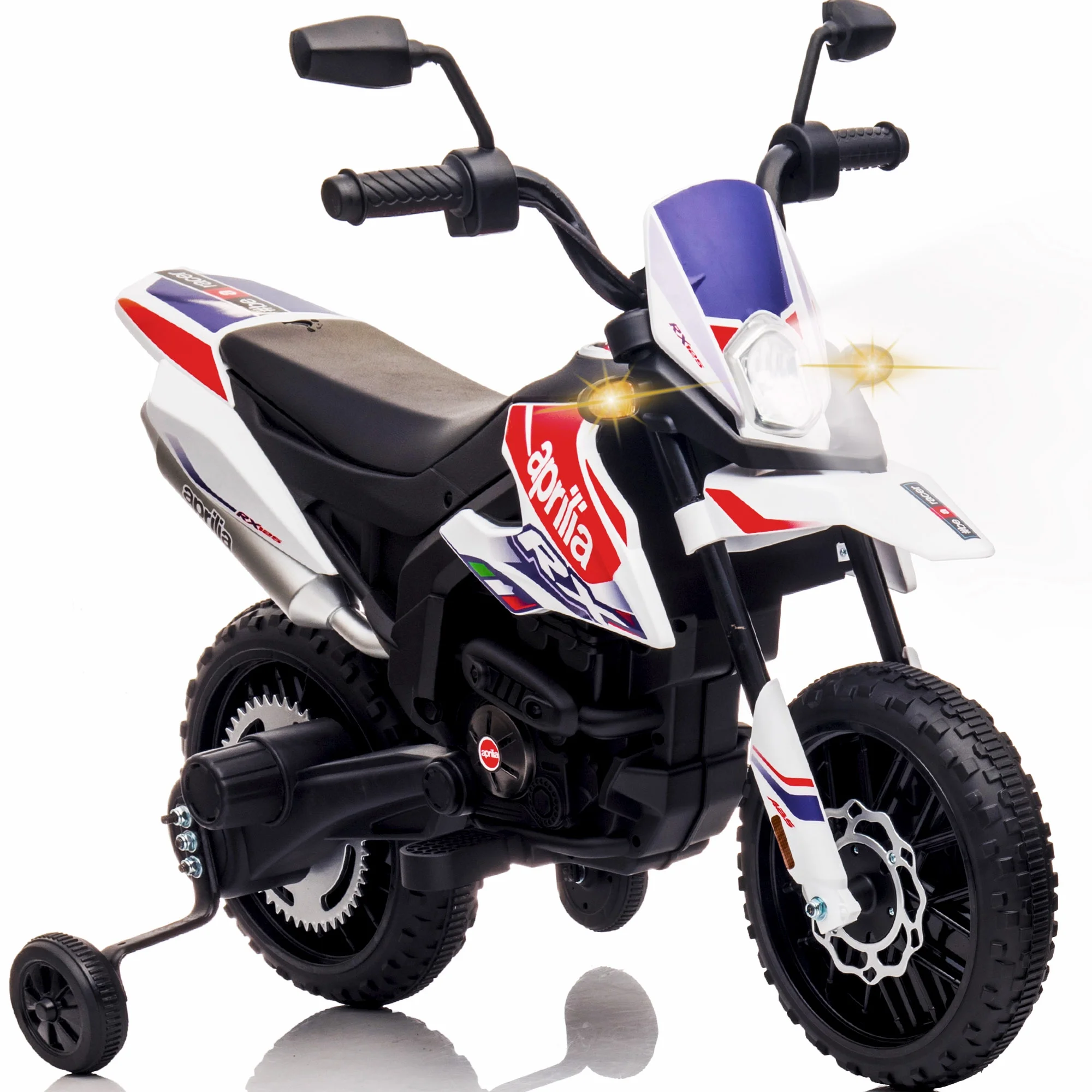 12V Electric Dirt Bike Motorcycle for Kids, Licensed Aprilia Powered Ride on Toys Car with 2 Training Wheels, LED Light, MP3 Player, Age for 3-6 Years Old Boys Girls