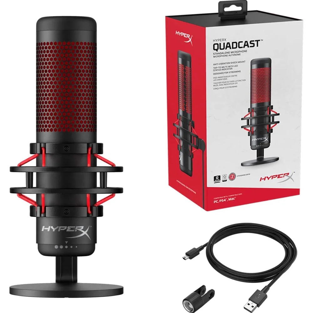 Open Box HyperX QuadCast - USB Condenser Gaming Microphone for PC, PS4, PS5 and Mac, Anti-Vibration Shock Mount, Four Polar Patterns, Pop Filter, Gain Control, Podcasts, Twitch, YouTube, Discord