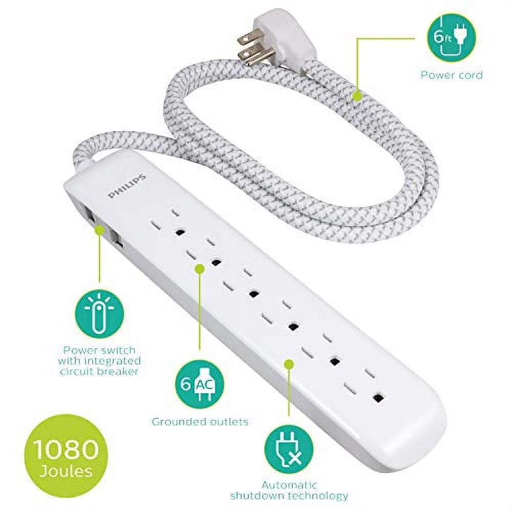 Philips SPC3054WA/37 6-ft. Cord 6-Outlet Braided Cord Surge Protector