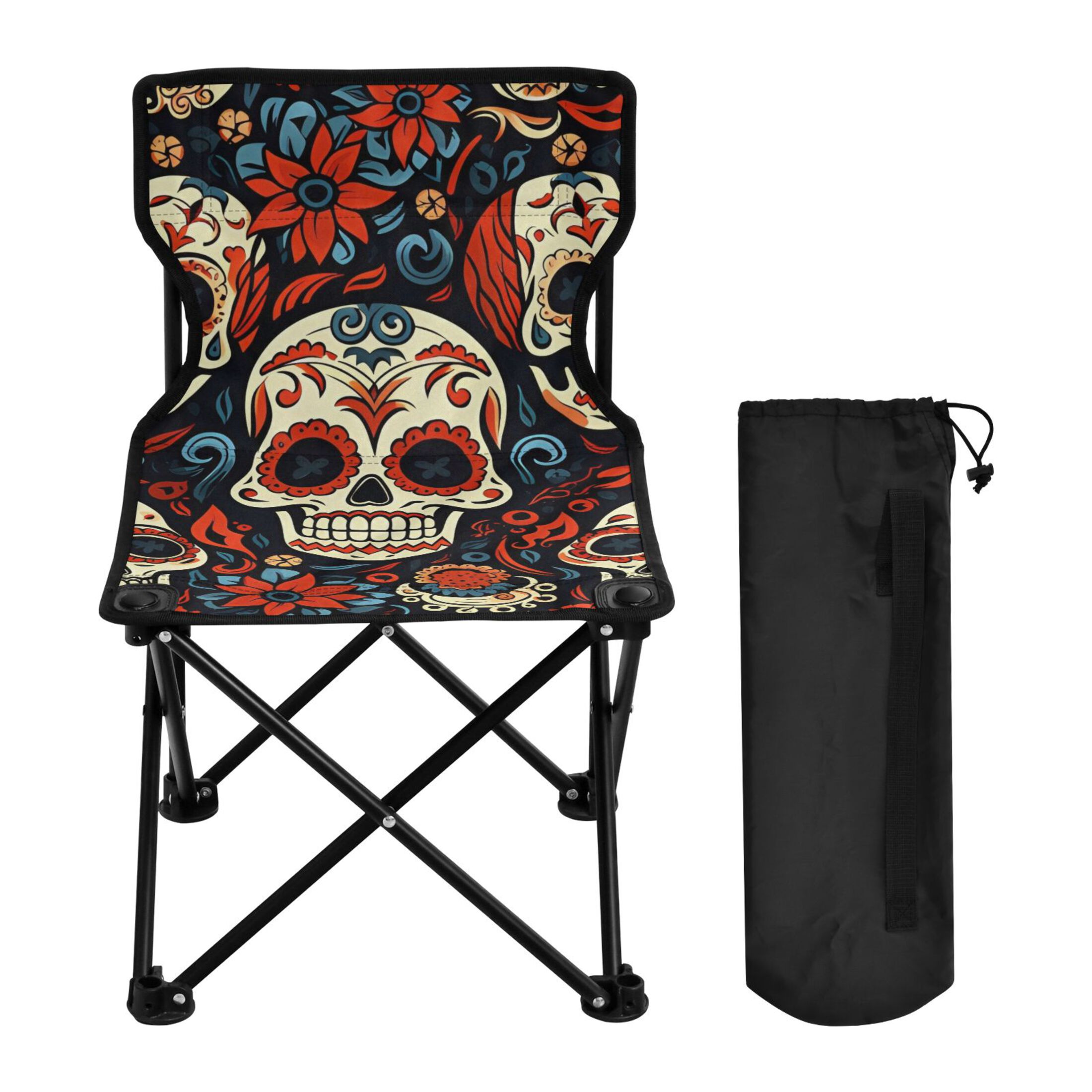 Skulls and Roses Flowers Portable Camping Chair Outdoor Folding Beach Chair Fishing Chair Lawn Chair with Carry Bag Support to 220LBS