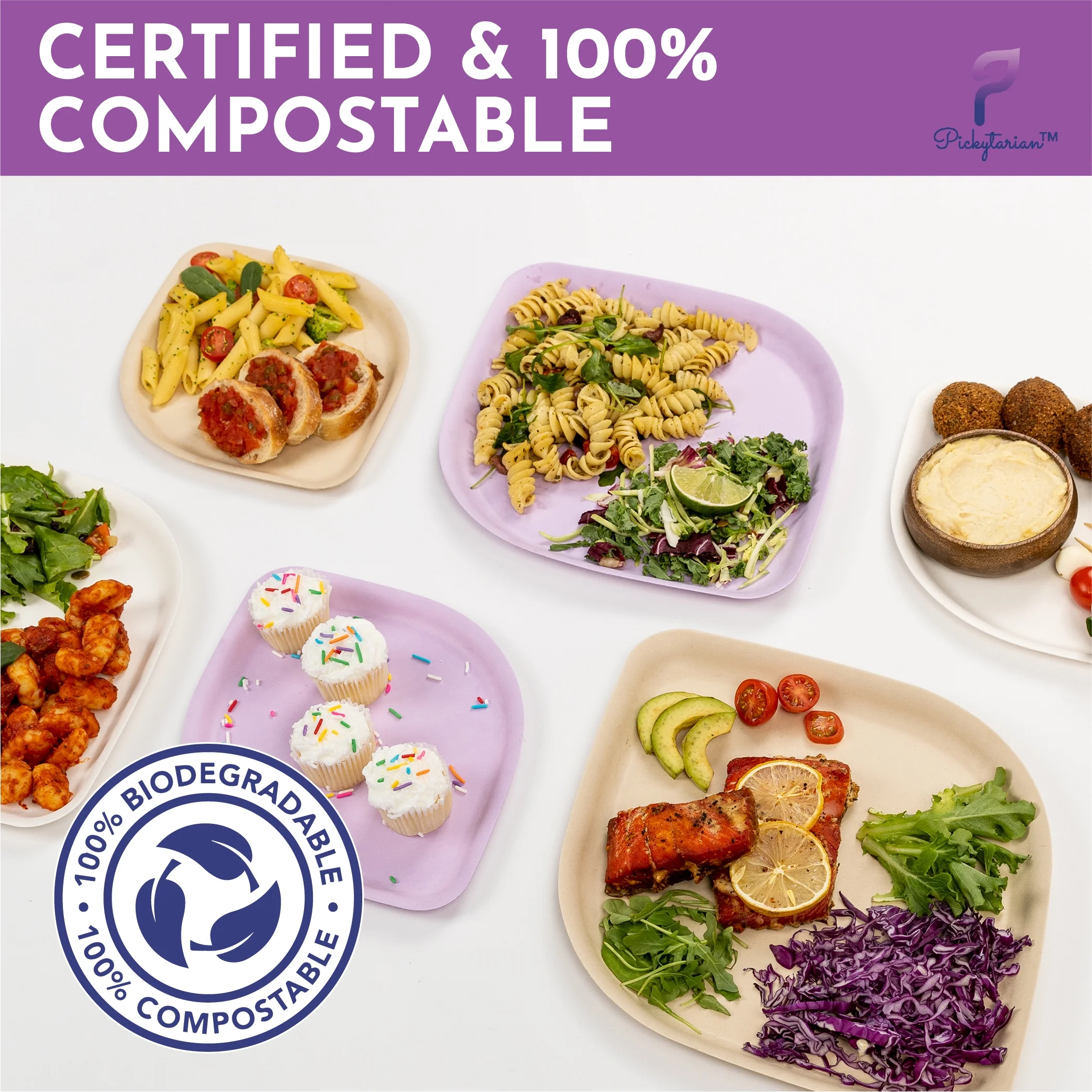 Pickytarian 50pcs Small Disposable Purple Plates - Fancy Bamboo Party Plate- 8 inch Appetizer Plates