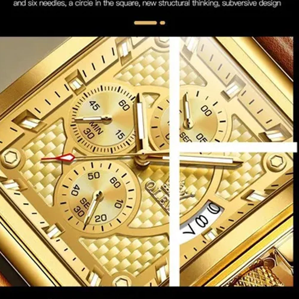 OLEVS Men's Square Watch Brown Leather Chronograph Fashion Business Watch Luminous Waterproof Casual Watch Luxury Men's Watch