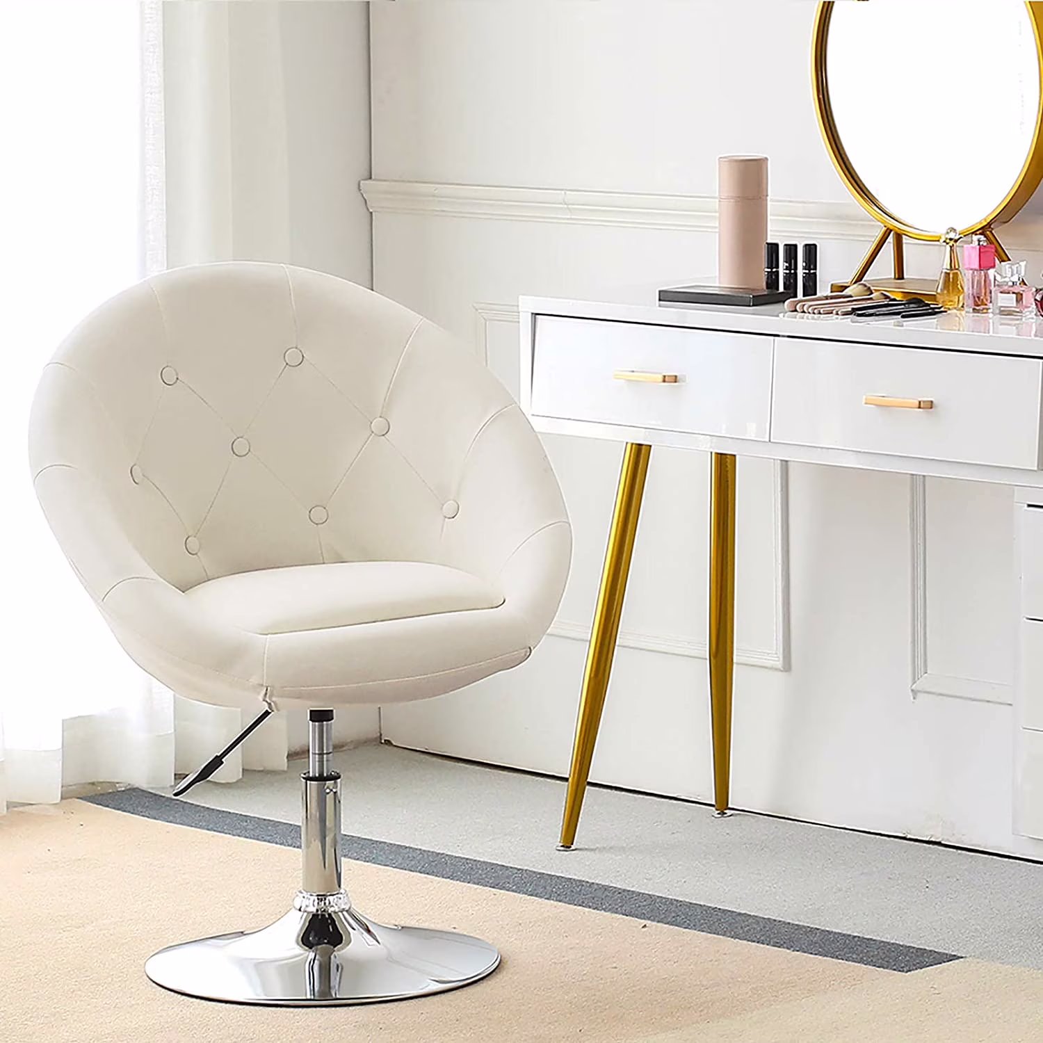 Duhome Swivel Accent Chair, Faux Leather Vanity Makeup Chair Modern Round Tufted Desk Chair Adjustable Height Living Room Chair, White