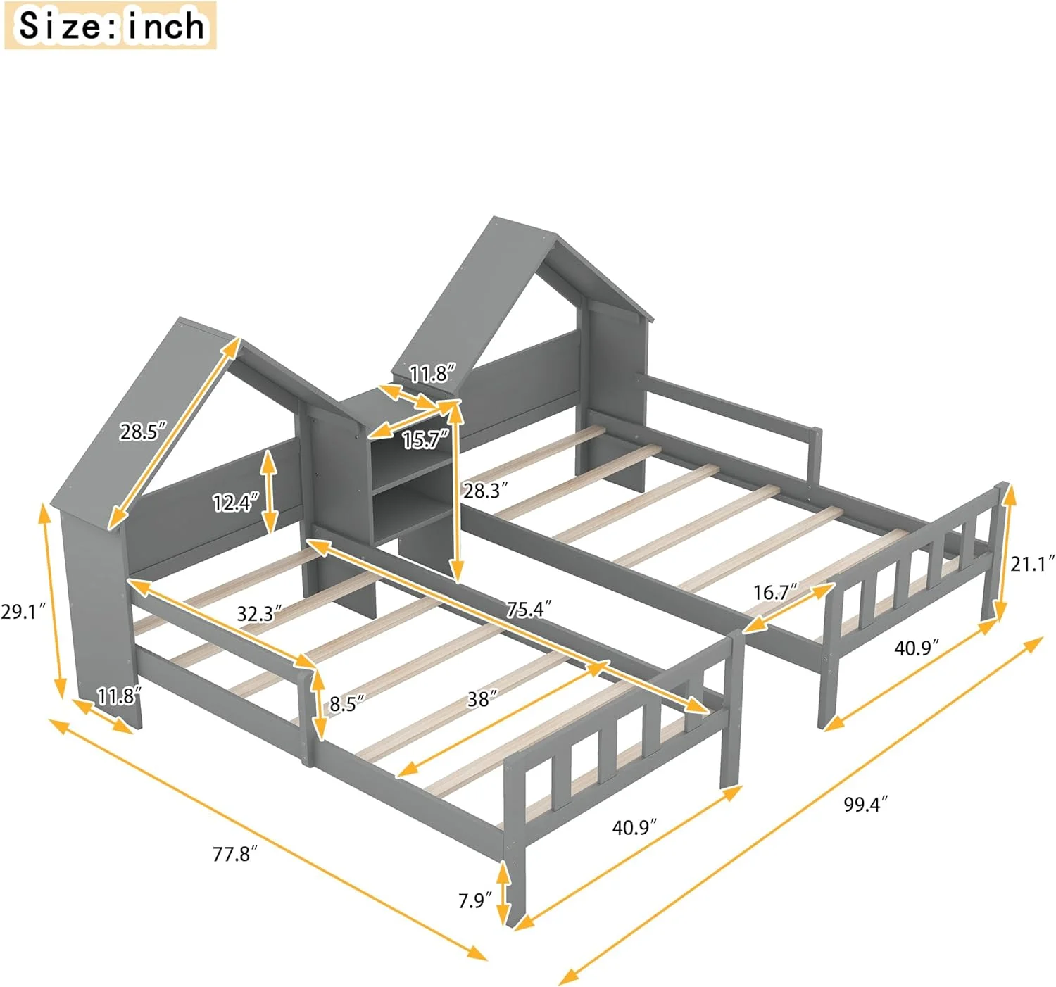 Double Size Platform Bed With House-Shaped Headboard Ad A Built-I ightstad, Grey