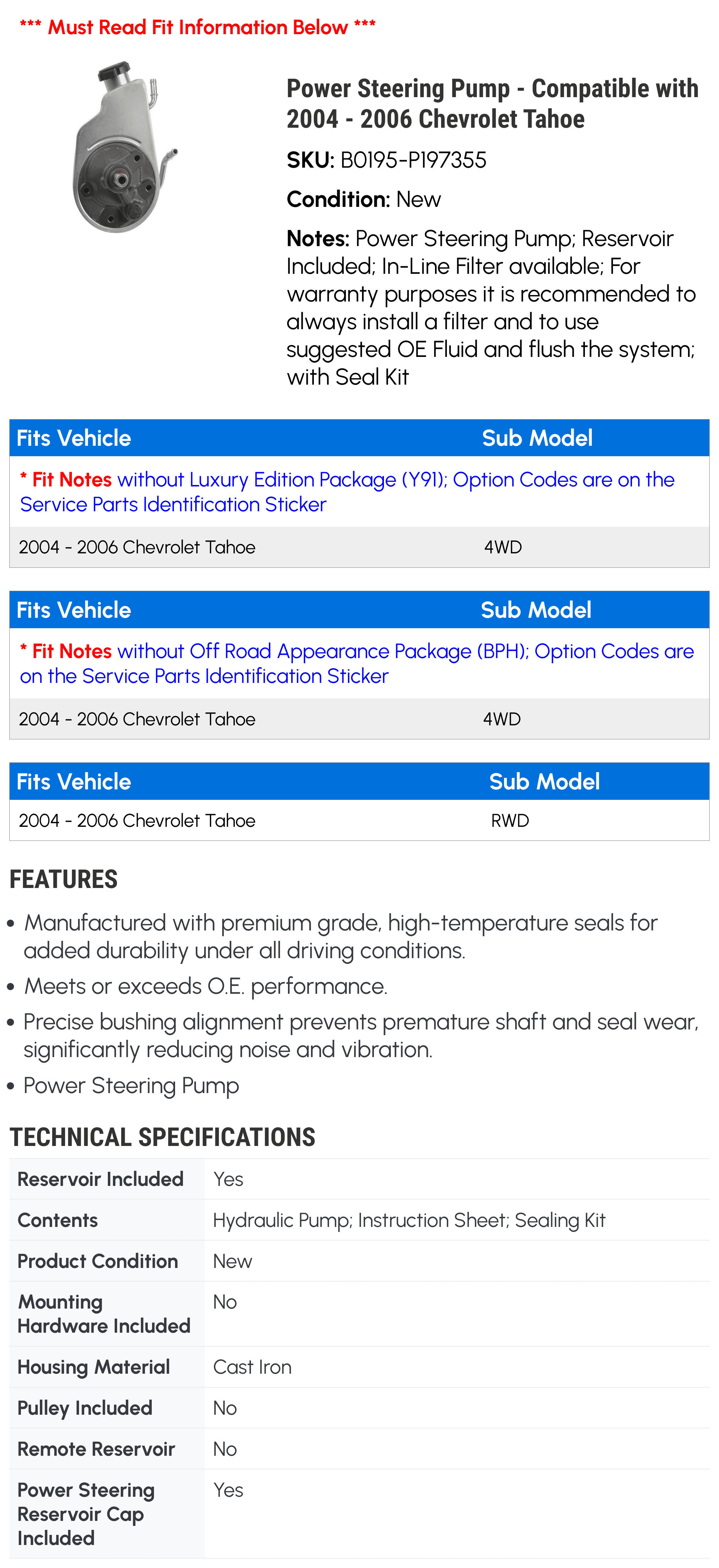 Power Steering Pump - Compatible with 2004 - 2006 Chevy Tahoe 2005