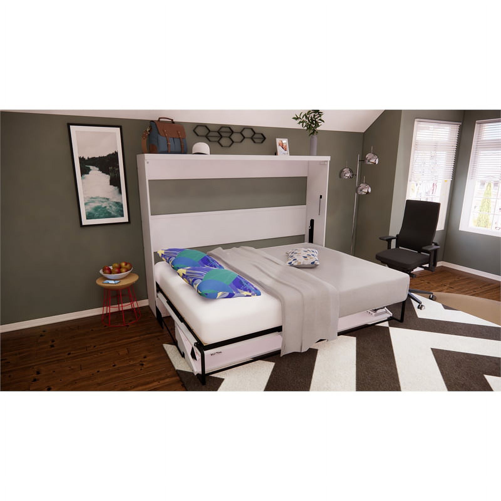 Pemberly Row Transitional Lateral Queen Solid Wood Murphy Wall Desk Bed in White