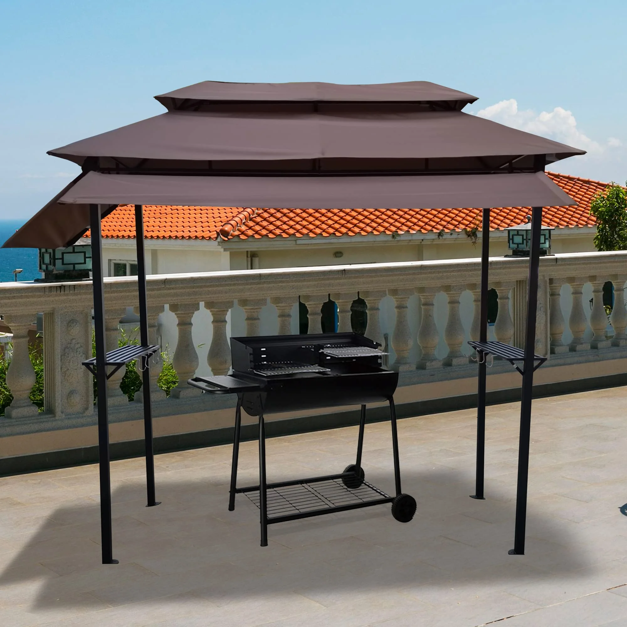 8'x4' Grill Gazebo Canopy, Grill Tent for Outdoor Grill, Double Tiered BBQ Gazebo with Two Extra Shadow, Two Shelves, Eight Hooks, Small Grill Shelter For Backyard, Patio (Light Brown)