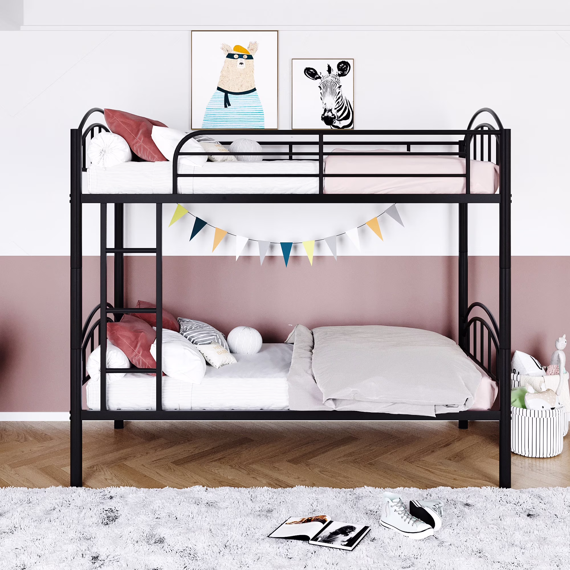 Twin Over Twin Metal Bunk Bed, Metal Bunk Bed with Ladders and Safety Guard Rails, Sturdy Modern Bed Frame, Ideal for Kids, Teens Bedroom, Guest Room, Divided into Two Beds