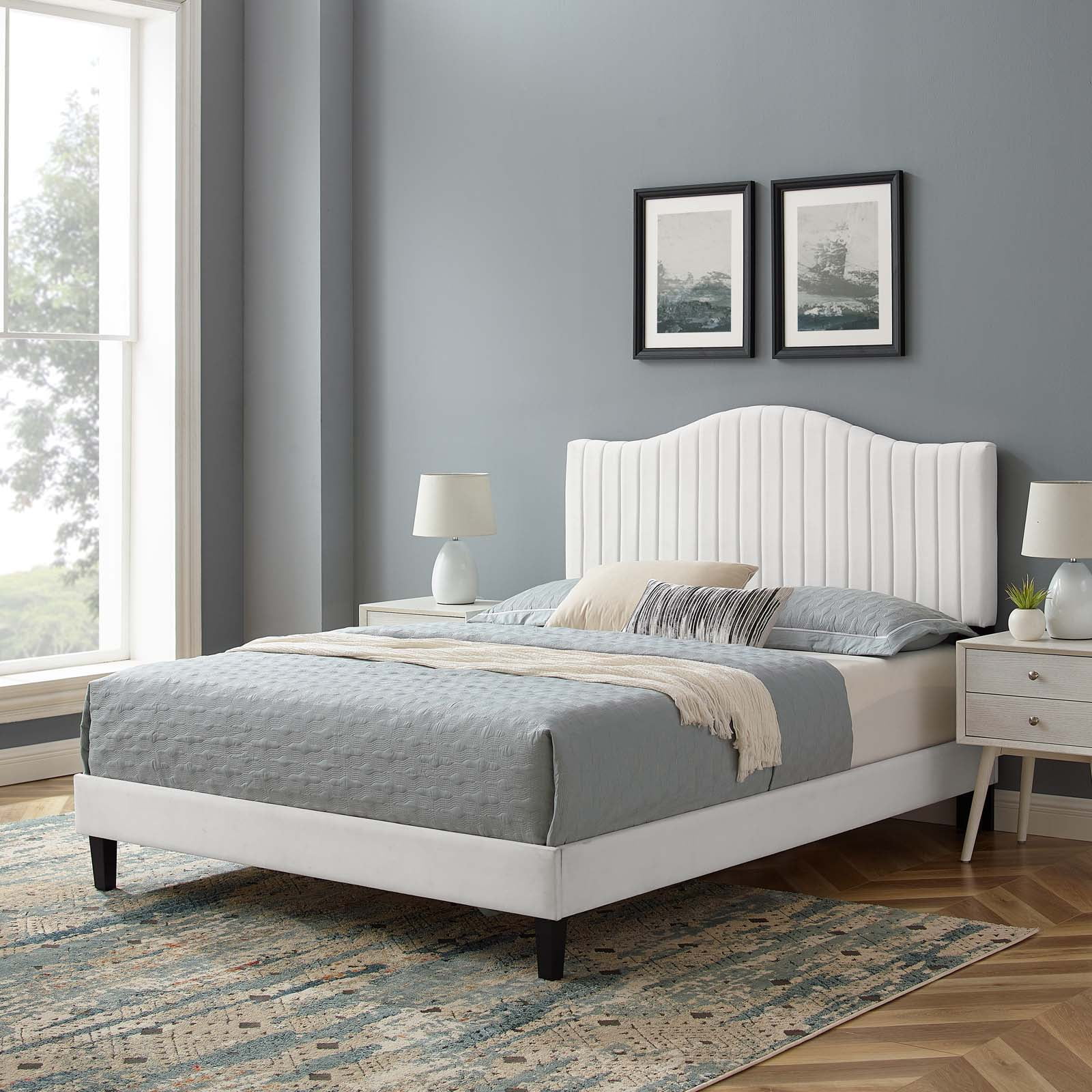 Tufted Platform Bed Frame, King Size, Velvet, White, Modern Contemporary Urban Design, Bedroom Master Guest Suite