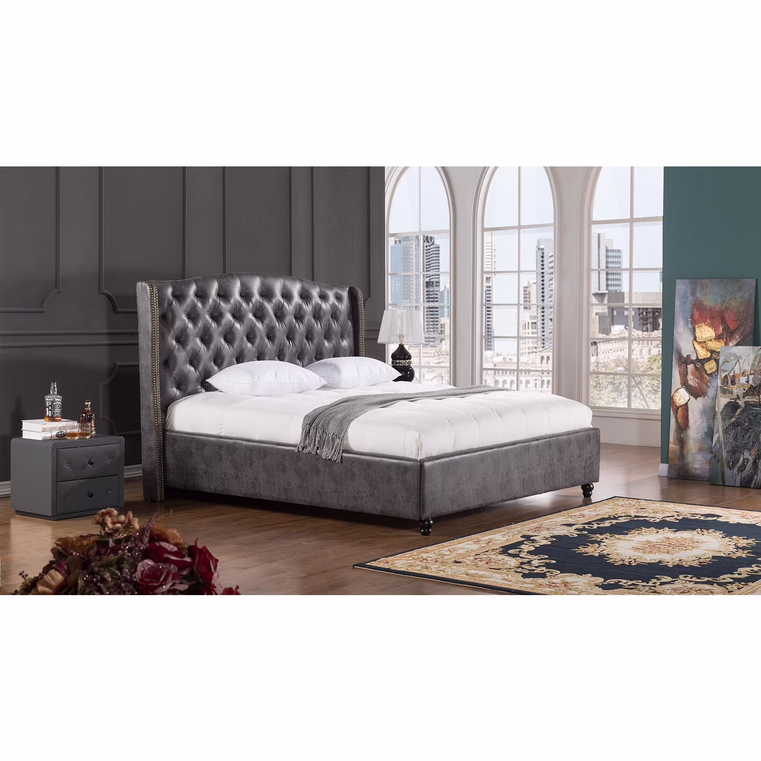 Benjara Leatherette Upholstered Wooden Queen Size Bed with Tufted Winged Headboard, Dark Gray