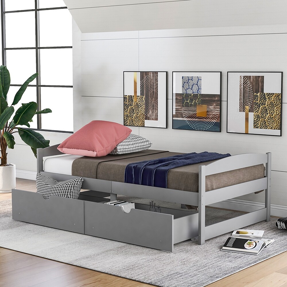 Bedroom Twin size Platform bed, with two drawers Grey