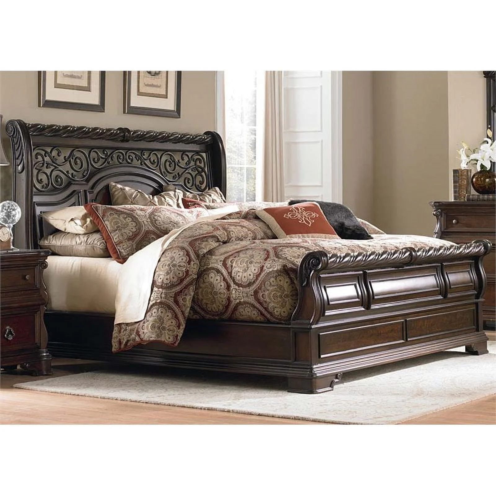 Home Square 2-Piece Set with Night Stand and King Sleigh Bed in Mahogany