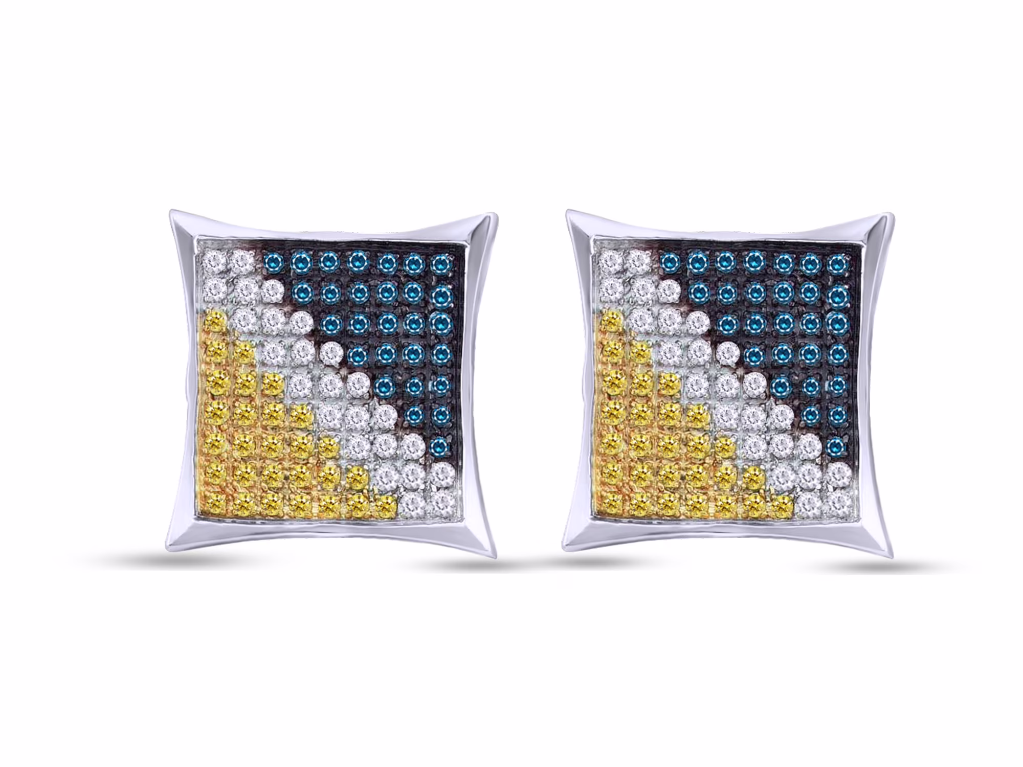 Enhanced Blue, Yellow And White Natural Diamond In 10k Solid Gold Square Kite Earrings 1/20 Cttw