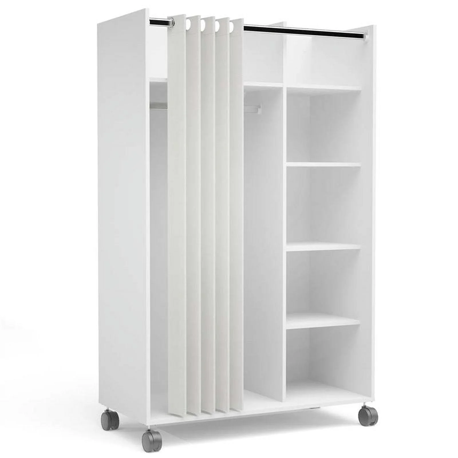 Atlin Designs Mobile Wardrobe Armoire with Curtain and Storage Cubbies in White