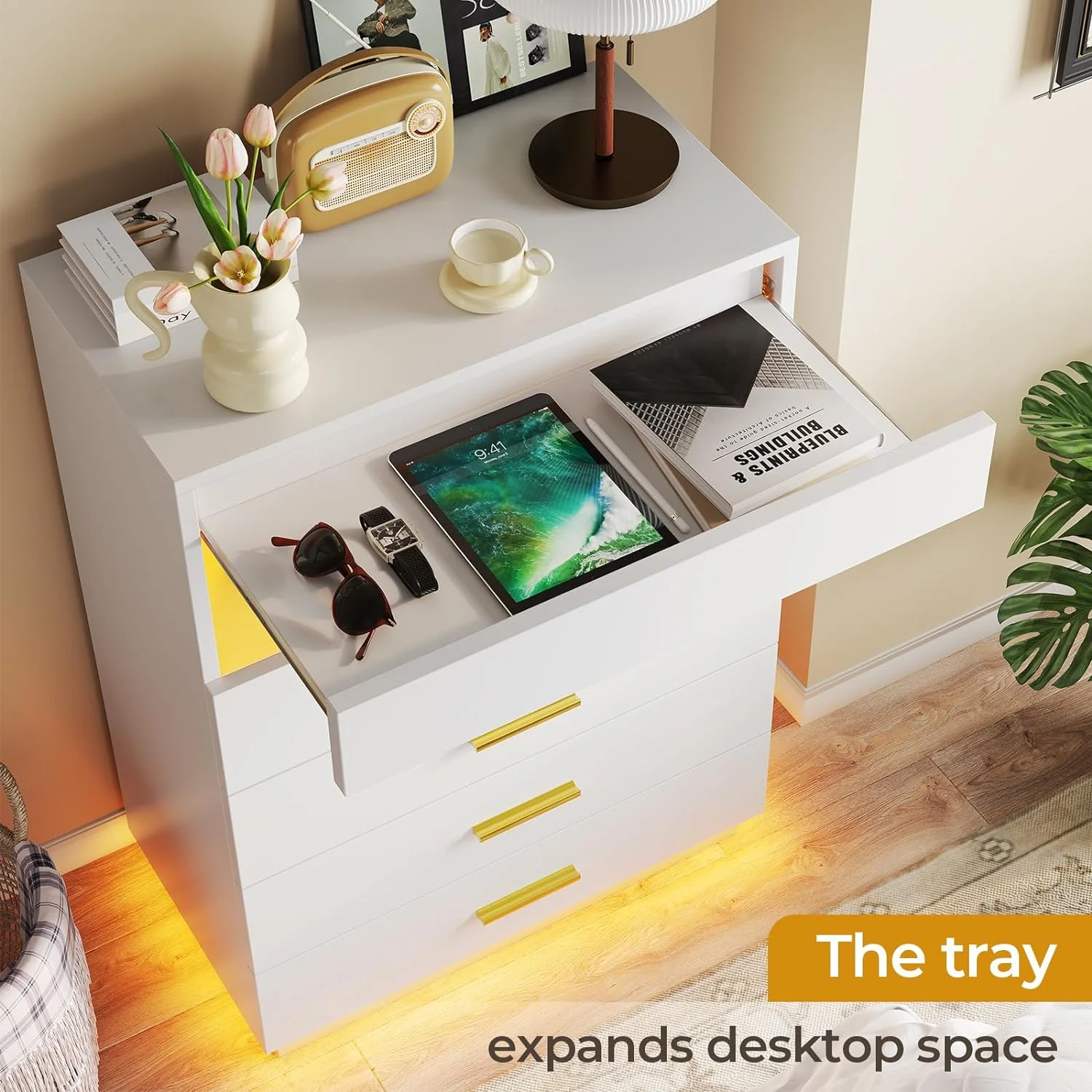 White Dresser with LED Lights, Tall Dresser with Pull Out Tray, Chest of Drawers