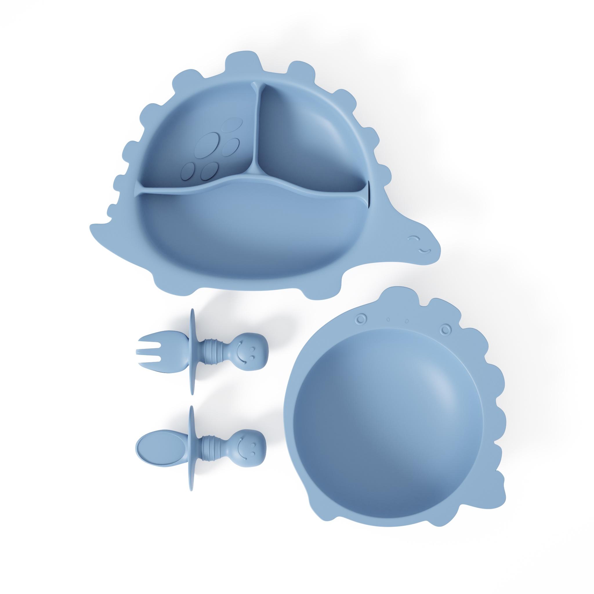 Muqee Peeko Baby Feeding Set with a Baby Tray, Baby Suction Bowl and Infant Spoon and Fork in Blue - (4 Piece Set)