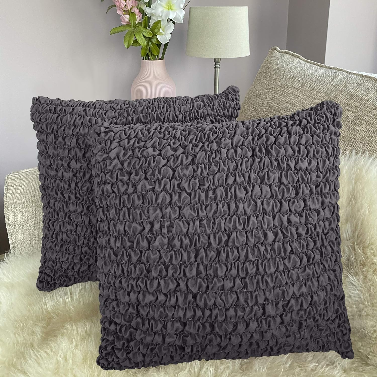 Throw Pillow Cover - 18X18 Pillows Slipcover 2 Pcs Set - Soft Polyester Fabric Slipcover - 1-Piece Form Fit Stretch Furniture Protector - Microfibra Collection (18X18, Dark Grey)