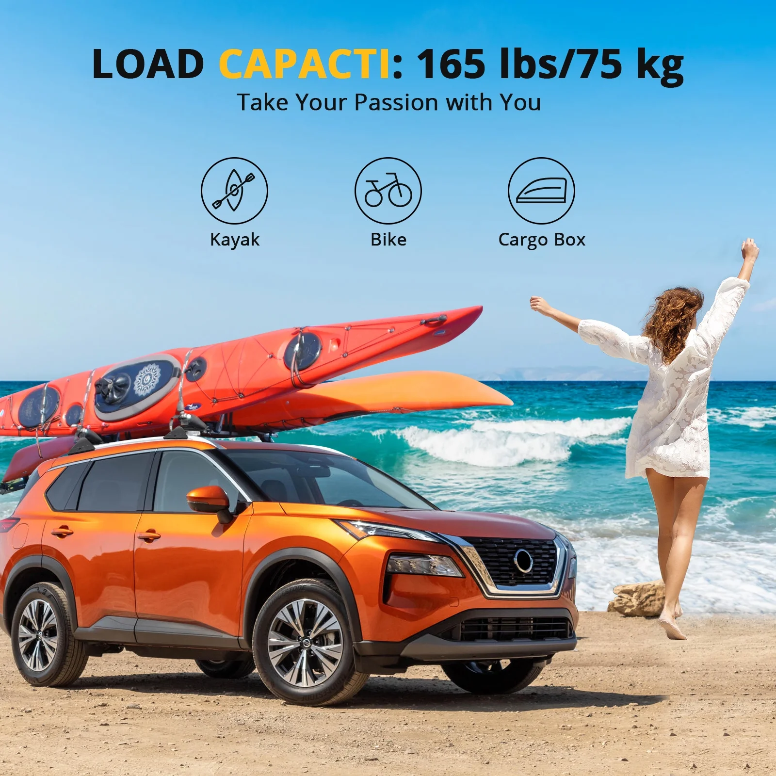 Homhougo—Top Rack Black Crossbar Compatible, 165 LB Upgraded Luggage Rack Crossbar, Easy To Carry Cargo Canoe Kayak Load Bike