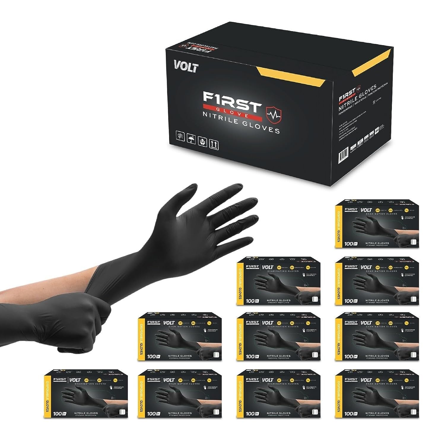 FIRST GLOVE Volt 2X-Large 900 Ct. 6 Mil Black Nitrile Disposable Gloves - Food Safe Disposable Gloves, Disposable Cleaning Gloves, Micro Textured Gloves for Enhanced Grip, Latex Free Gloves