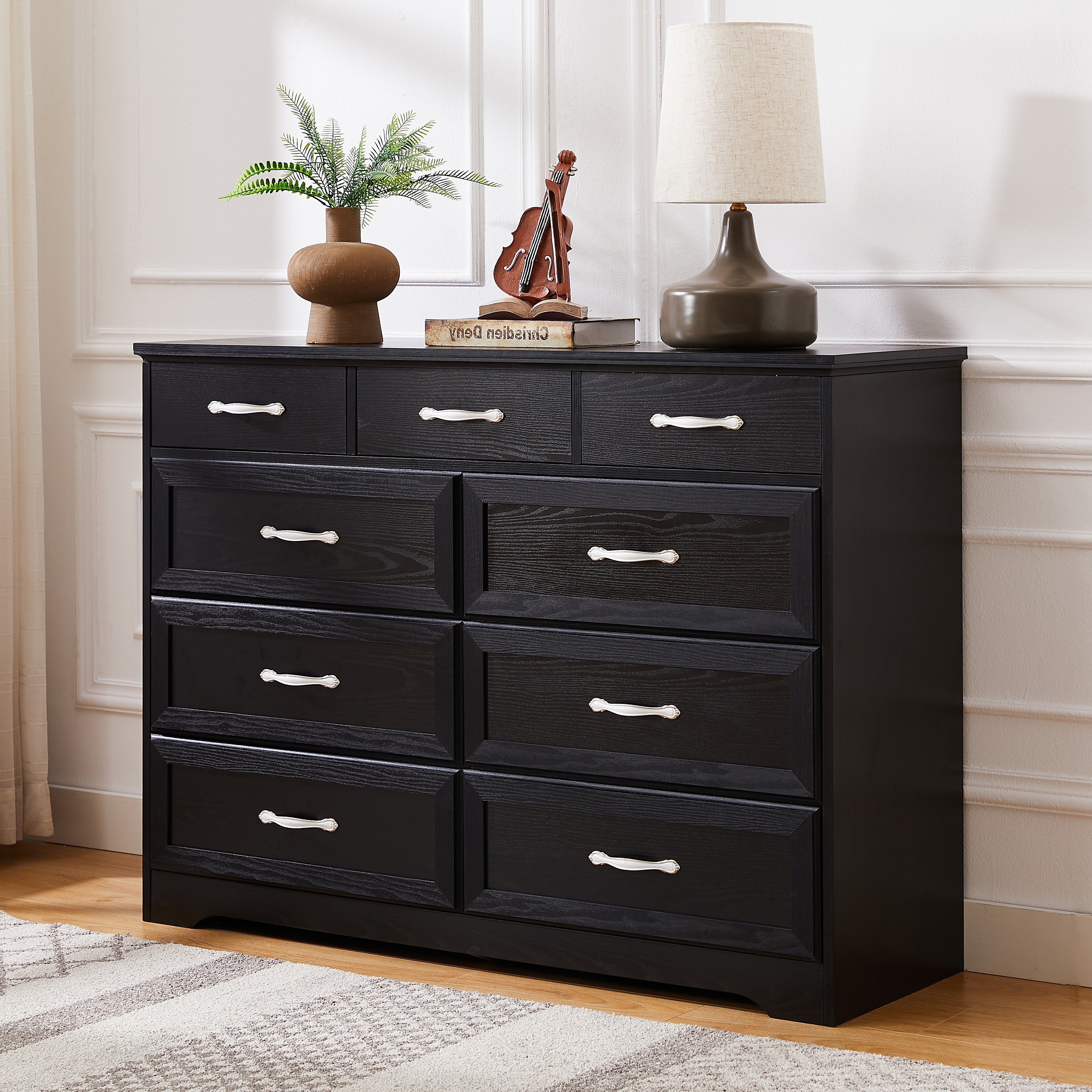 9-Drawer Bedroom Dresser - Long Wood Chest of Drawers with Antique Handles, Ideal for Bedroom Storage, Closet Organization, 47.2'' W x 15.8'' D x 34.6'' H-Black